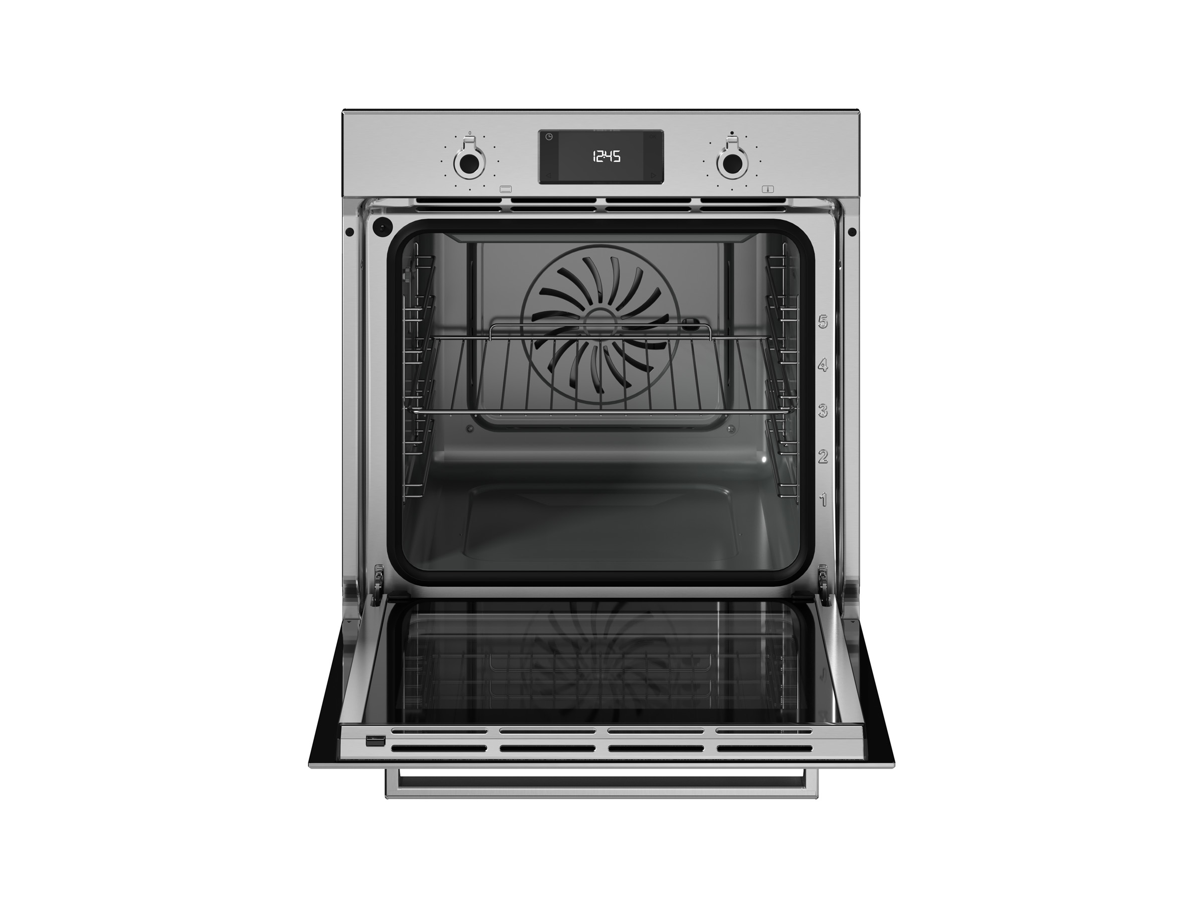 Vista frontale di un moderno forno in acciaio inossidabile con porta aperta e griglia.