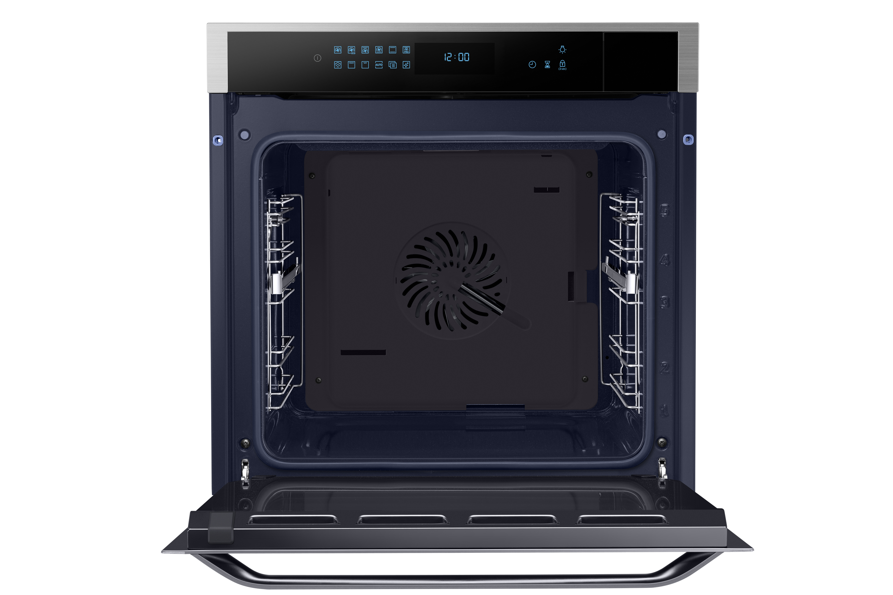 Un forno blu aperto con display digitale, pannello di controllo in acciaio inossidabile e griglie metalliche.