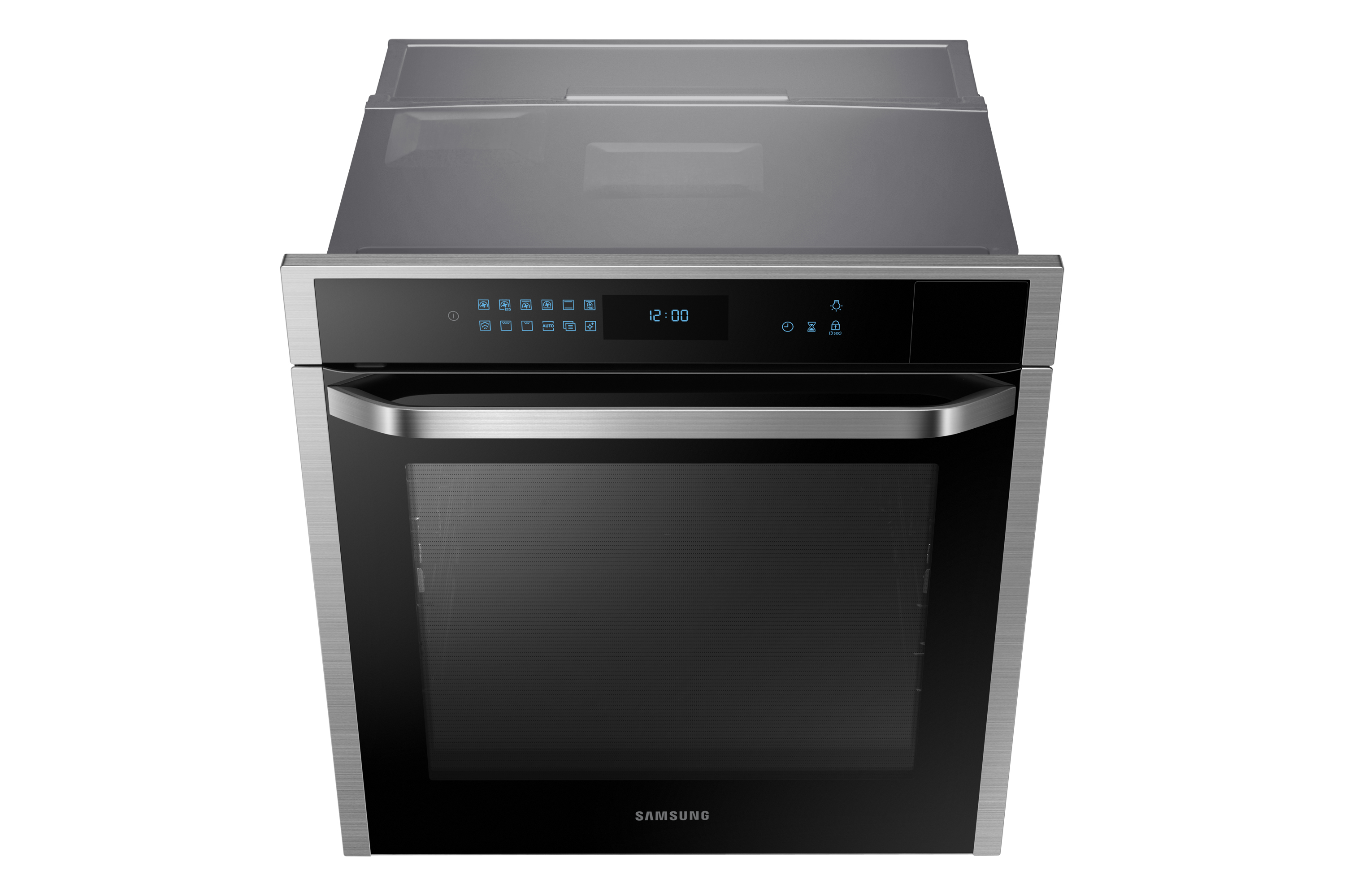 Vista frontale di un moderno forno da incasso Samsung con finiture in acciaio inossidabile e comandi touch.