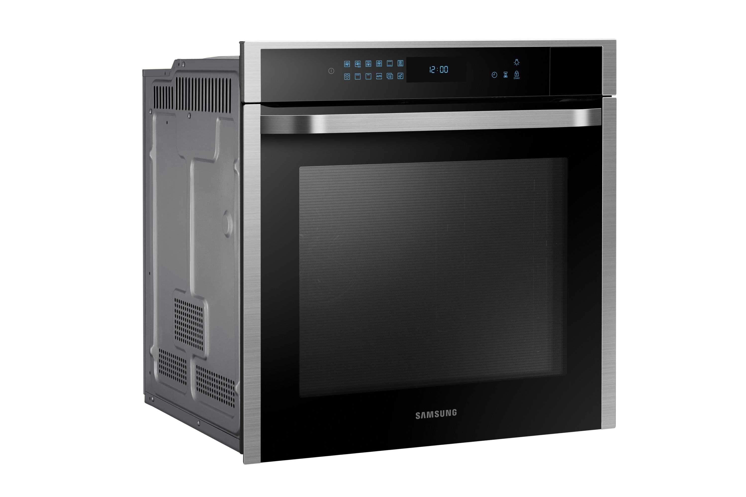 Moderno forno da incasso Samsung con dettagli in acciaio inossidabile e vetro nero.