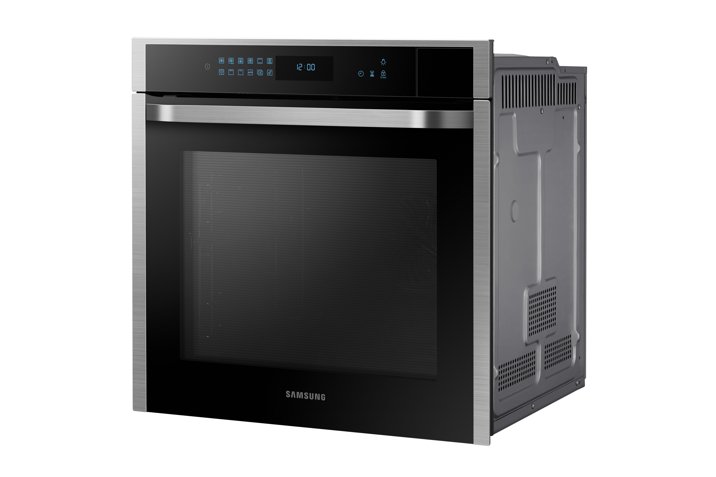 Moderno forno da incasso Samsung con vetro nero, finiture in acciaio inossidabile e display digitale.