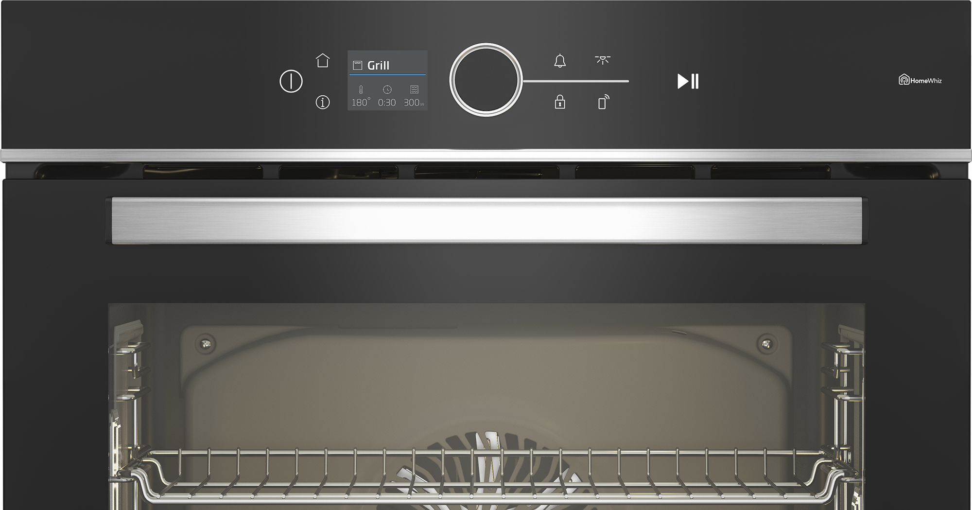 Moderno pannello di controllo per forno nero con display digitale grill, manopola e maniglia metallica.