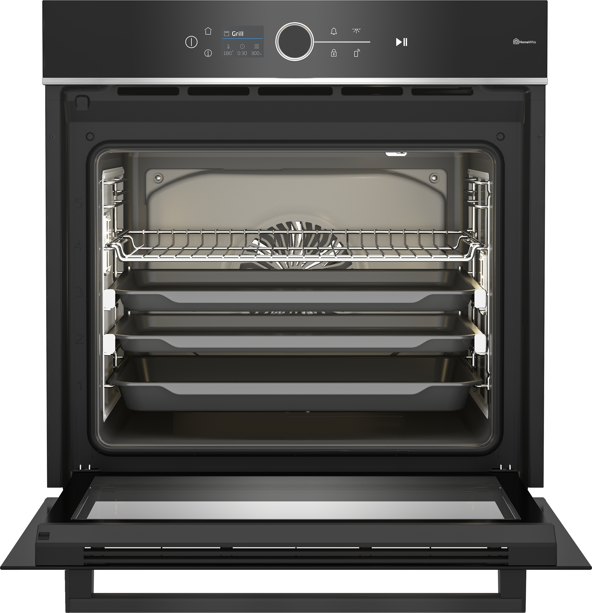 Un forno nero con la porta aperta mostra tre teglie e una griglia all'interno.