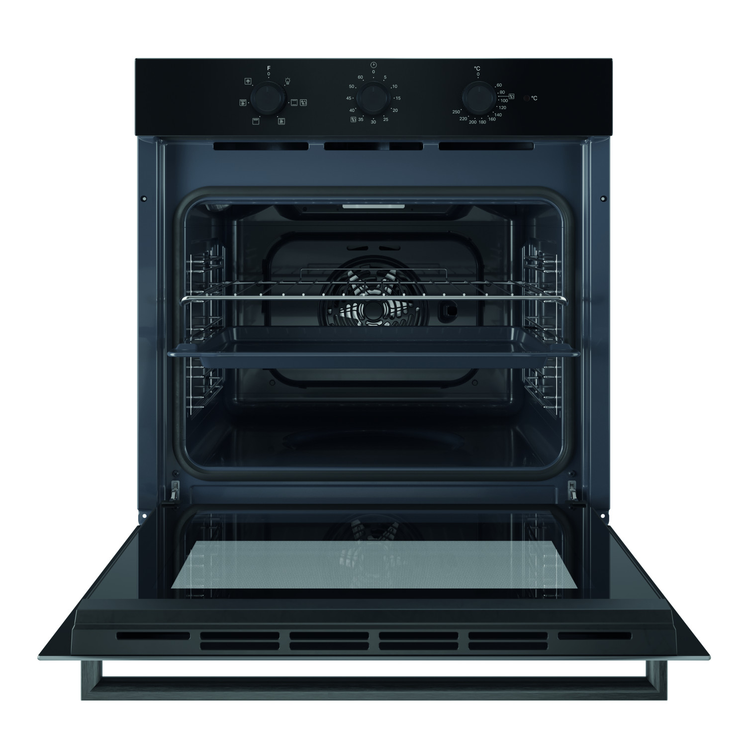 Vista frontale di un moderno forno da incasso nero con porta aperta e griglie.