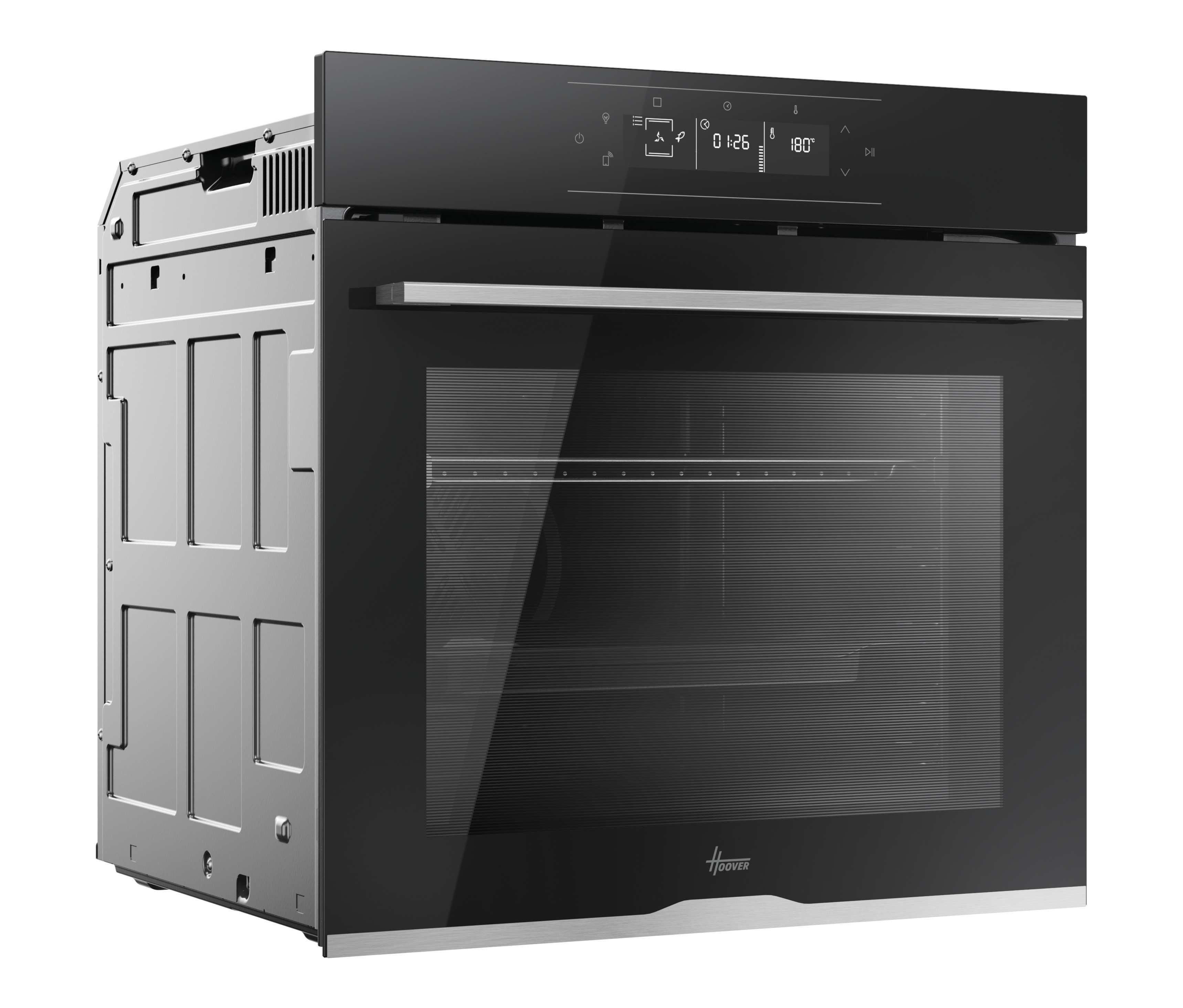 Moderno forno da incasso nero con display digitale, porta in vetro e maniglie argentate su sfondo bianco.