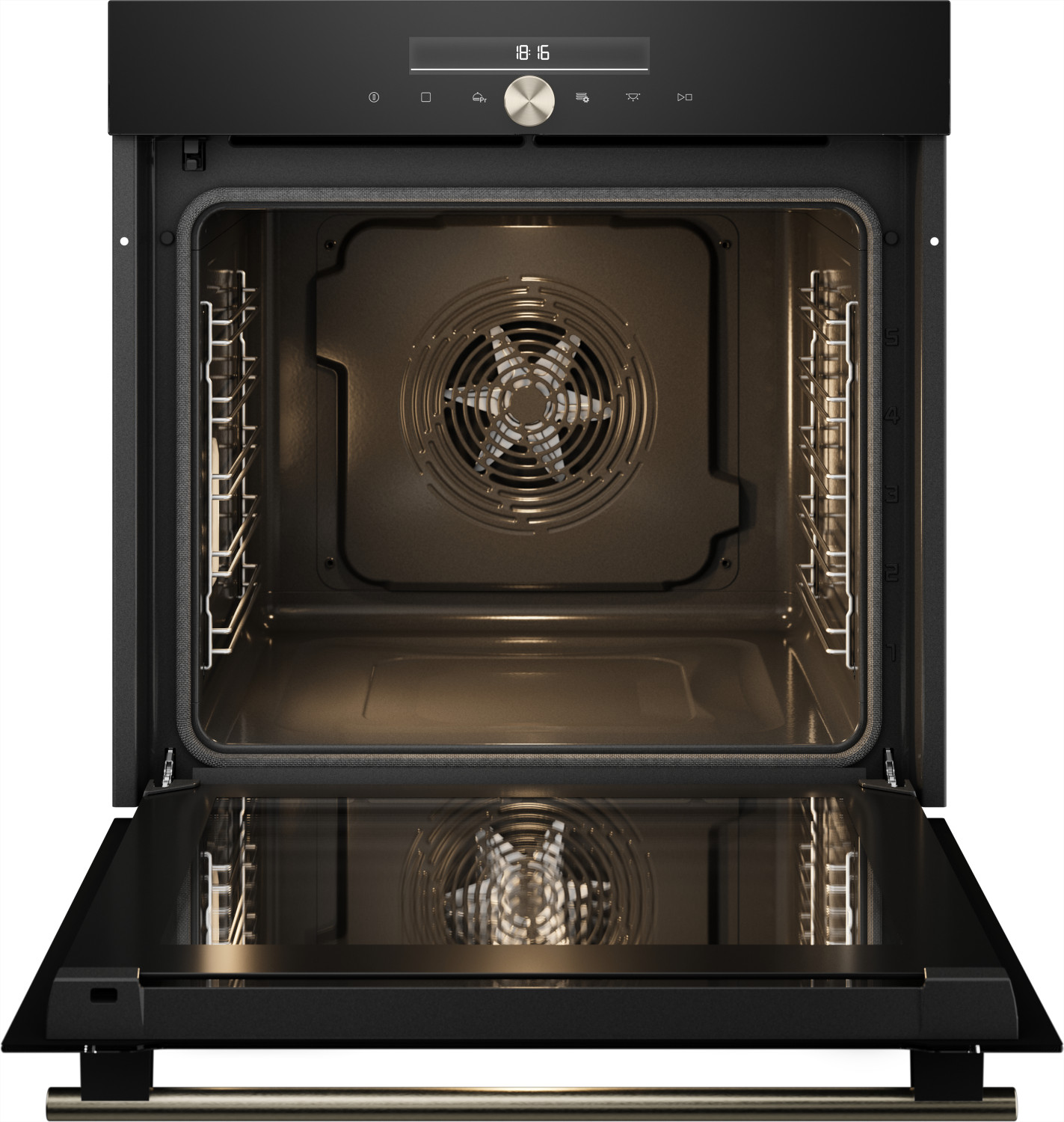 Un forno da incasso nero con porta a vetro aperta, che mostra l'interno illuminato e la ventola.
