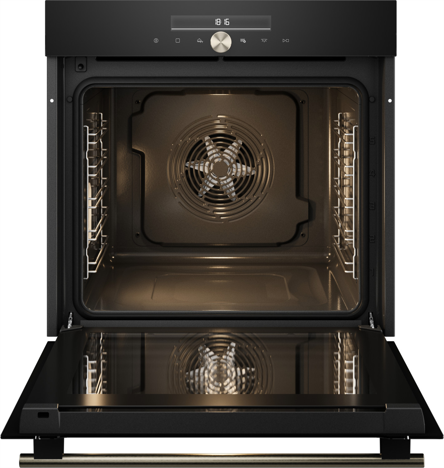 Un forno nero con la porta aperta, interno illuminato, ventola sulla parete di fondo e orologio digitale in alto.