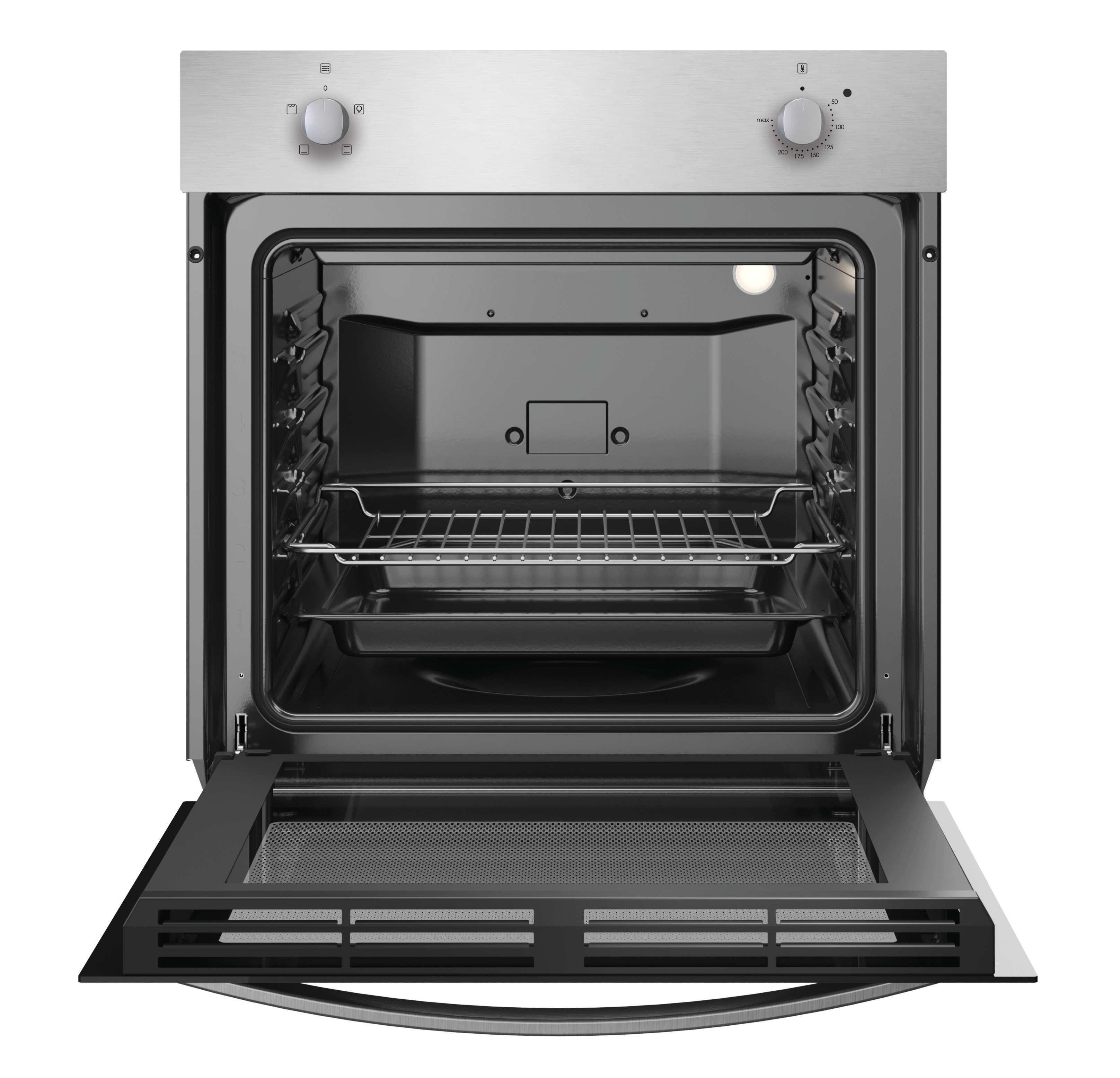 Forno in acciaio inossidabile con porta aperta, griglia interna e teglia su sfondo nero.