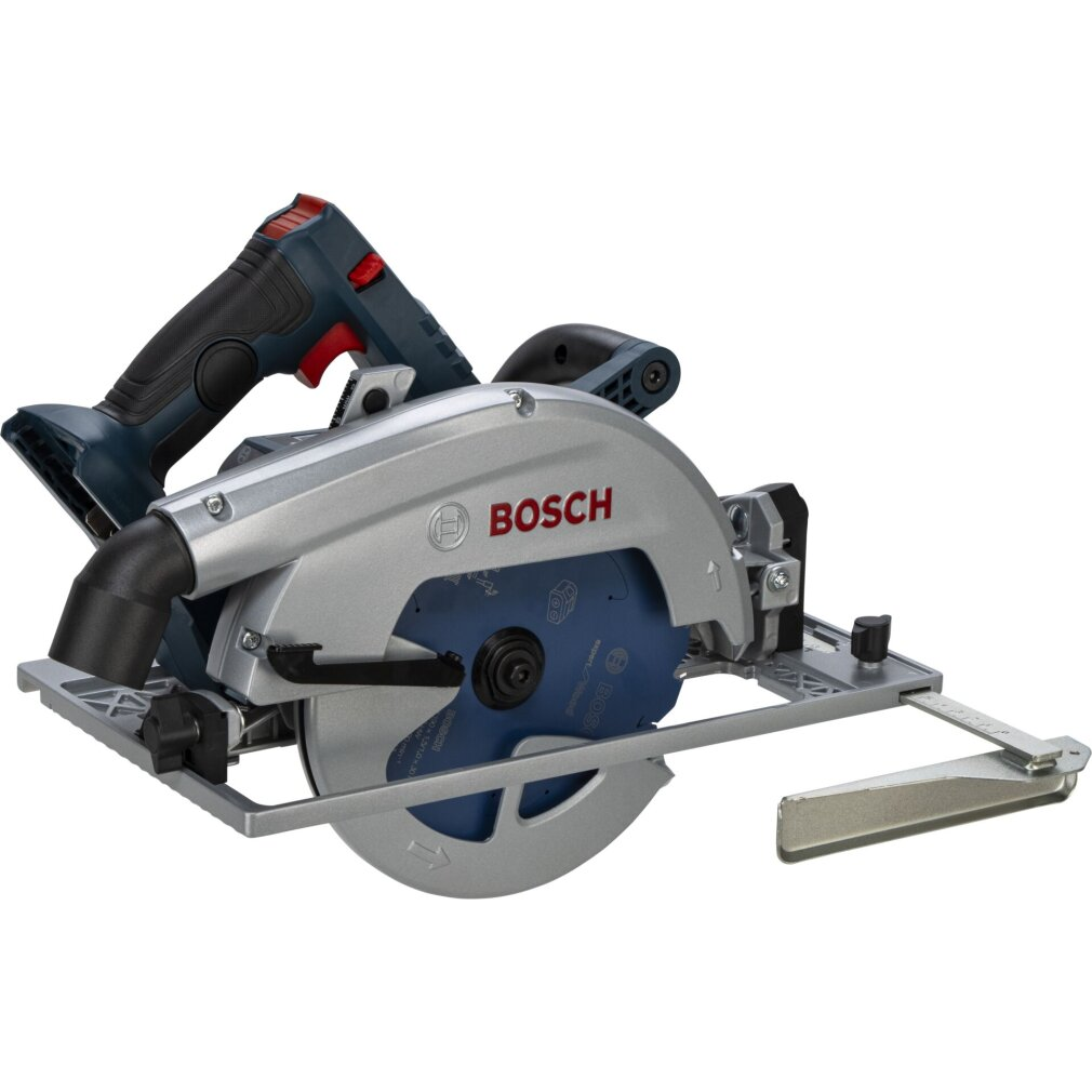 Blue and silver Bosch circular saw with guide rail on white background.
