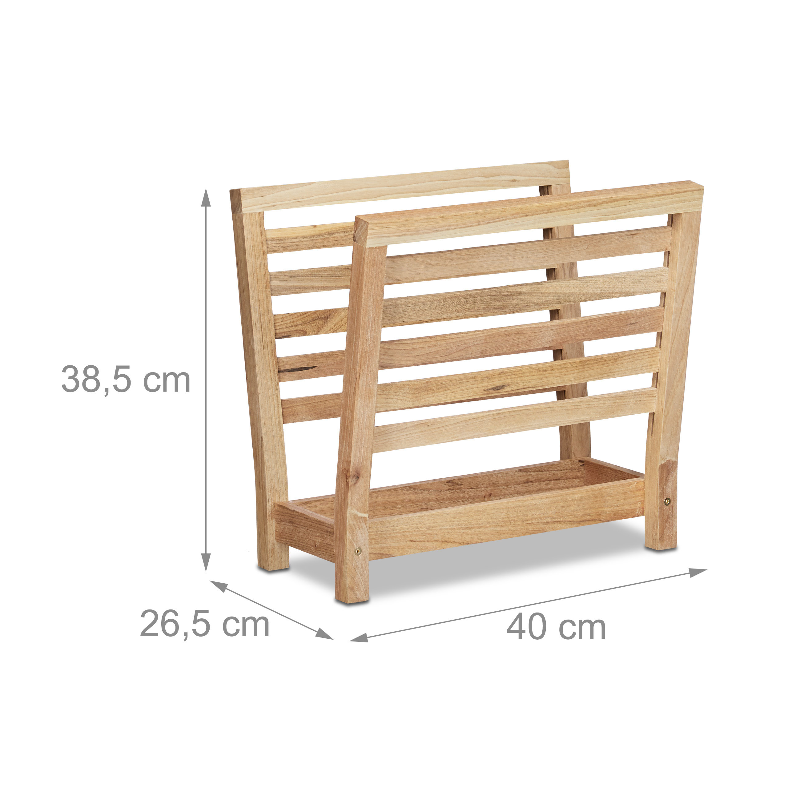 Holzzeitungsständer mit Maßen: 38,5 cm Höhe, 26,5 cm Tiefe und 40 cm Breite.