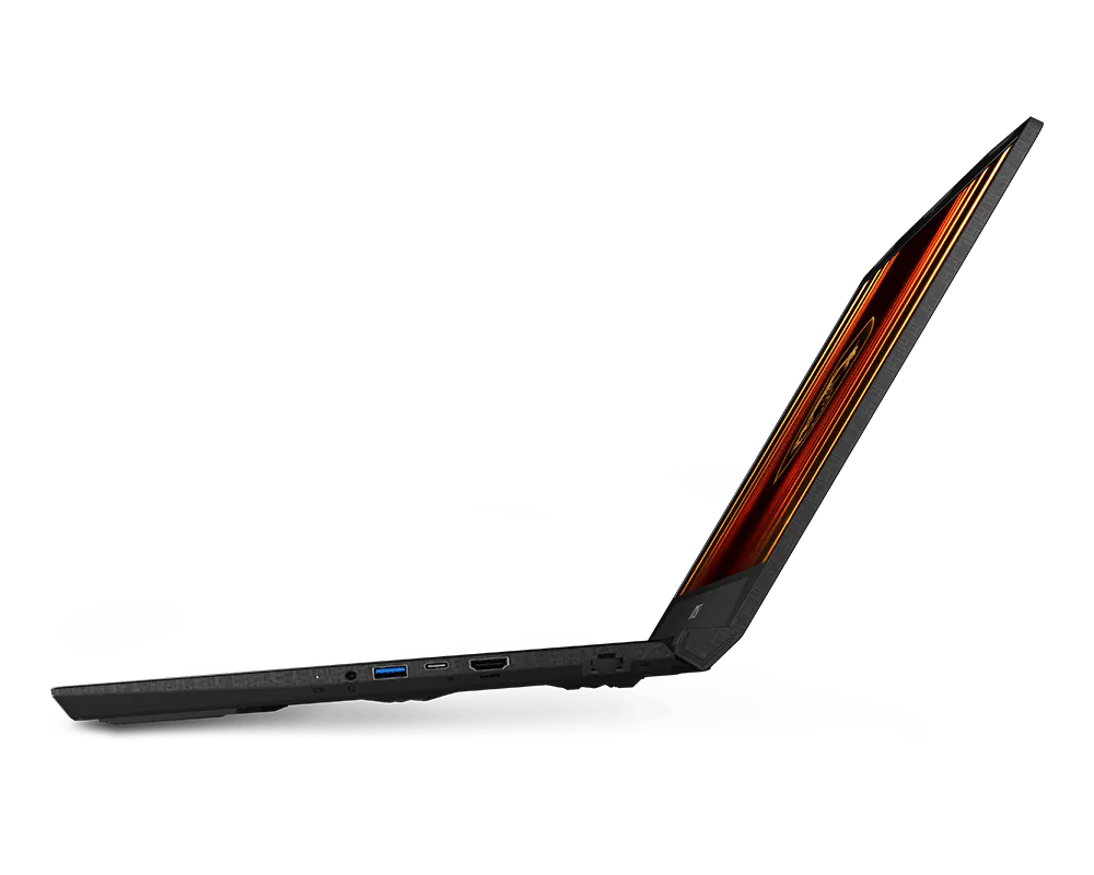 Vista laterale di un laptop nero su sfondo nero, che mostra le porte e uno schermo aperto con grafica astratta arancione.