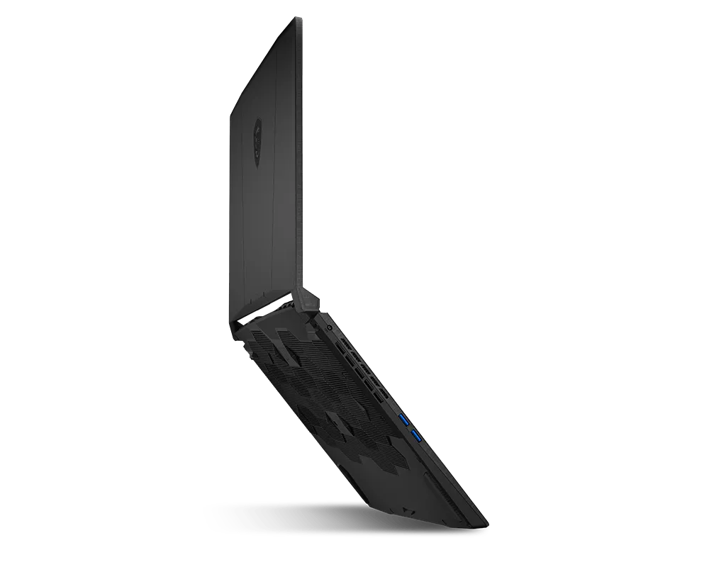 Un laptop nero visto di lato e da dietro, che mostra la base strutturata e le porte.