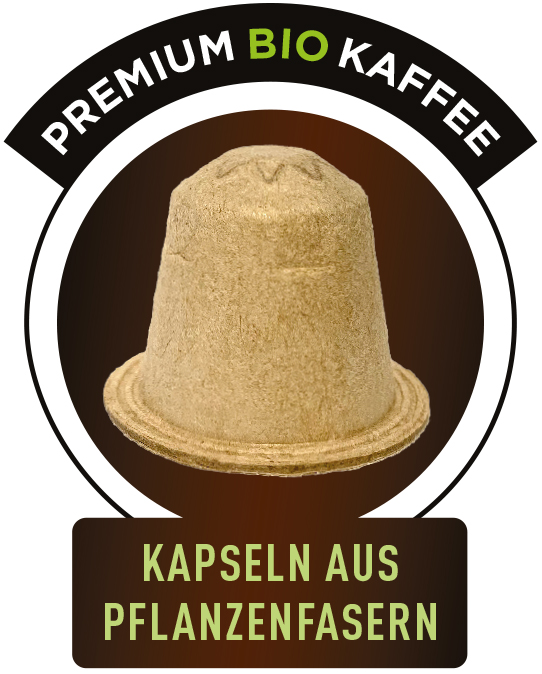 Eine Kaffeekapsel aus Pflanzenfasern, umgeben von Texten über Bio-Kaffee.