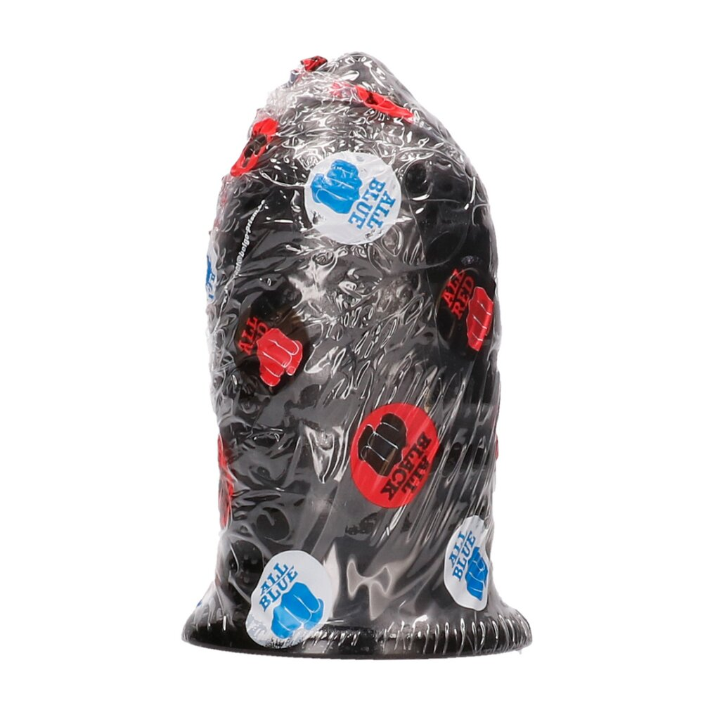 Ein längliches, schwarzes Sexspielzeug ist in plastikfolie mit roten und blauen Aufklebern eingewickelt.