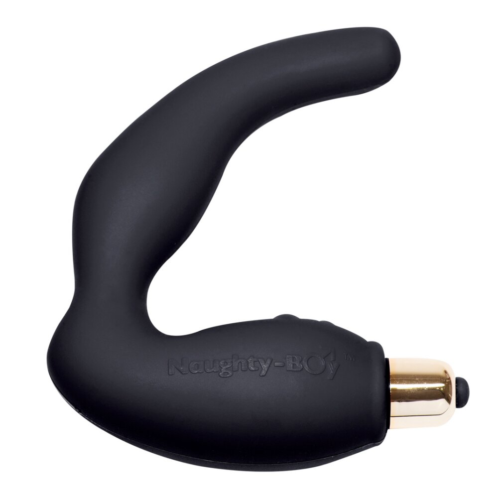 Un massaggiatore in silicone nero curvo con punta dorata e la scritta Naughty-Boy sul lato su sfondo bianco.