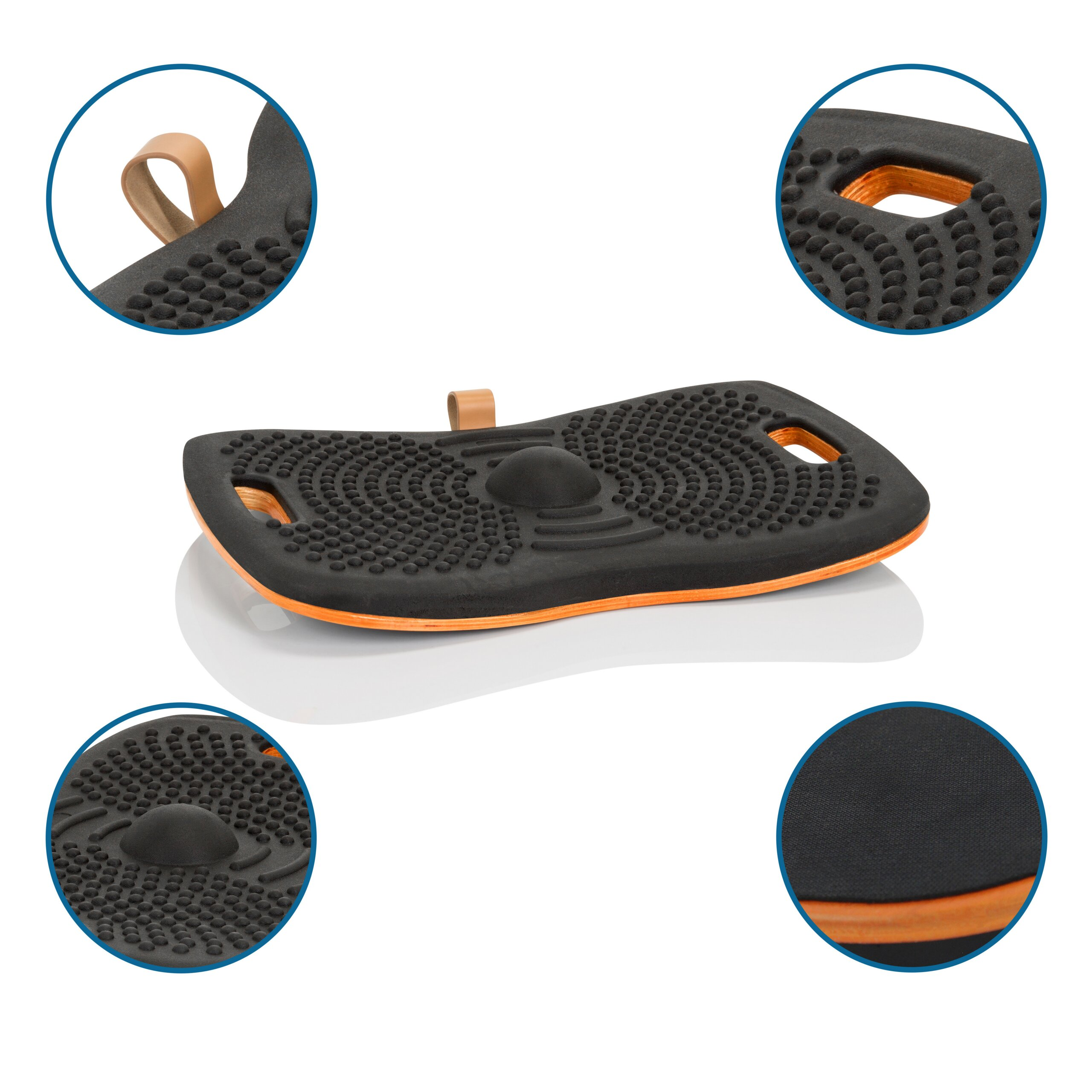 Ein schwarzes Balanceboard mit genoppter Oberfläche, orangefarbenen Kanten und vier runden Detailansichten.