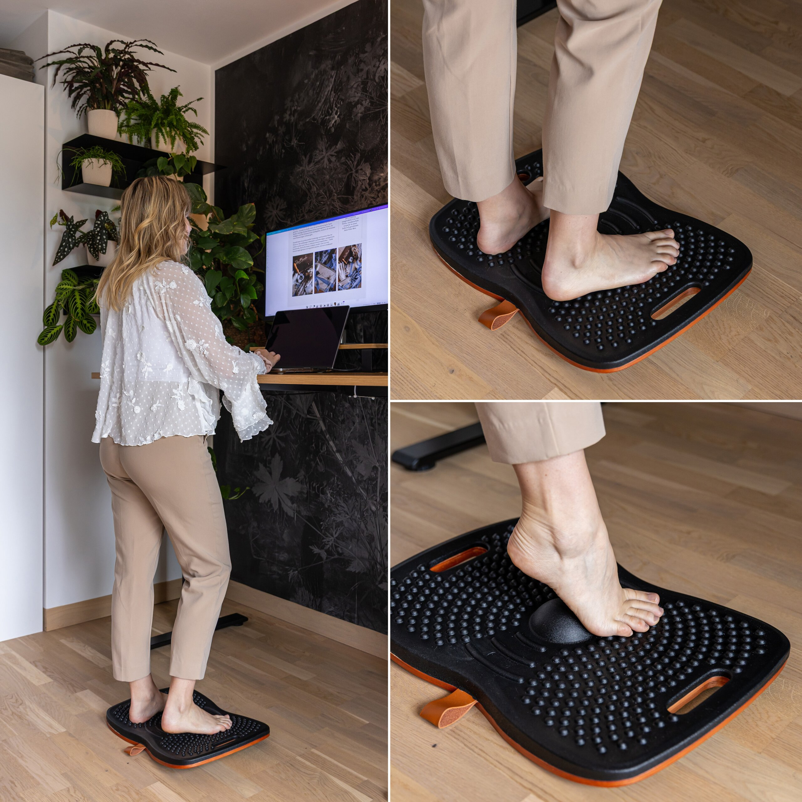 Eine Frau steht an einem Stehpult und nutzt ein genopptes Balance-Board.