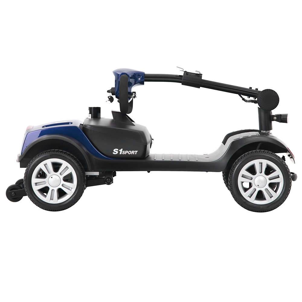 Vista lateral de un scooter de movilidad S1 Sport azul y negro sin asiento sobre fondo blanco.