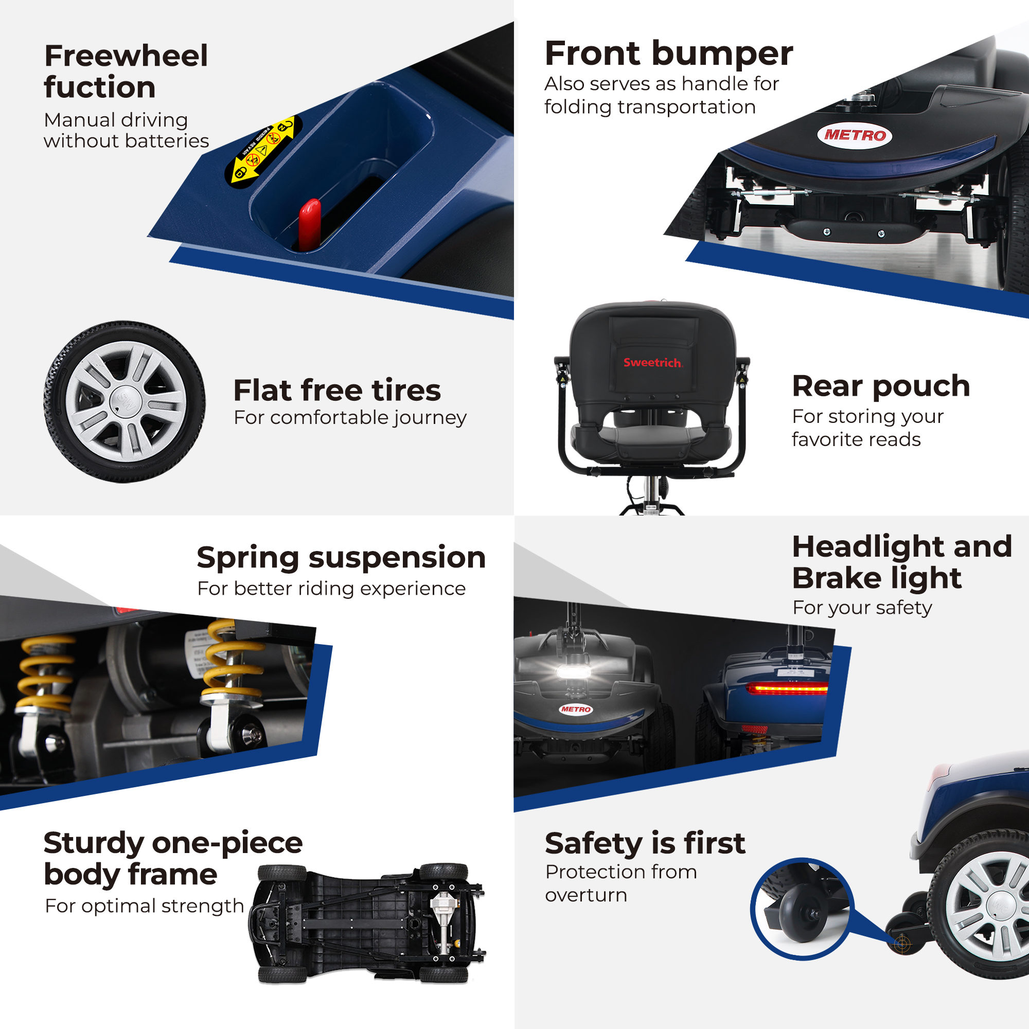 Resumen de las características del scooter de movilidad azul, incluyendo neumáticos, suspensión y faros.