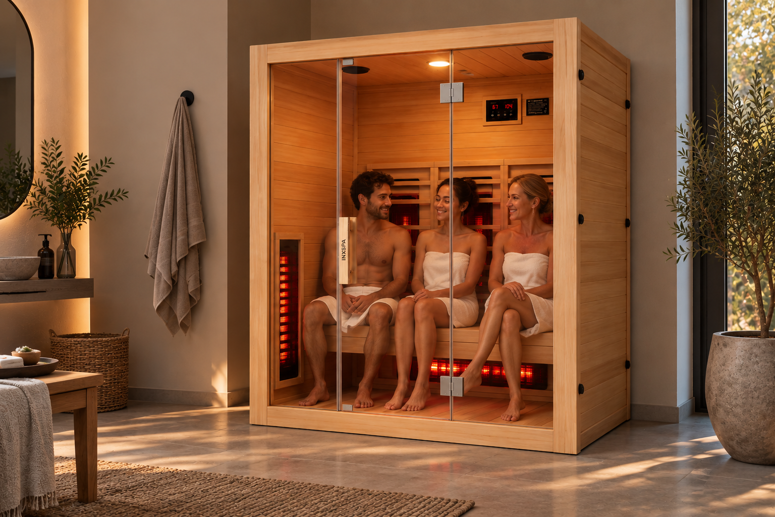 Tres personas se sientan relajadas dentro de una moderna sauna de infrarrojos de madera, hablando.