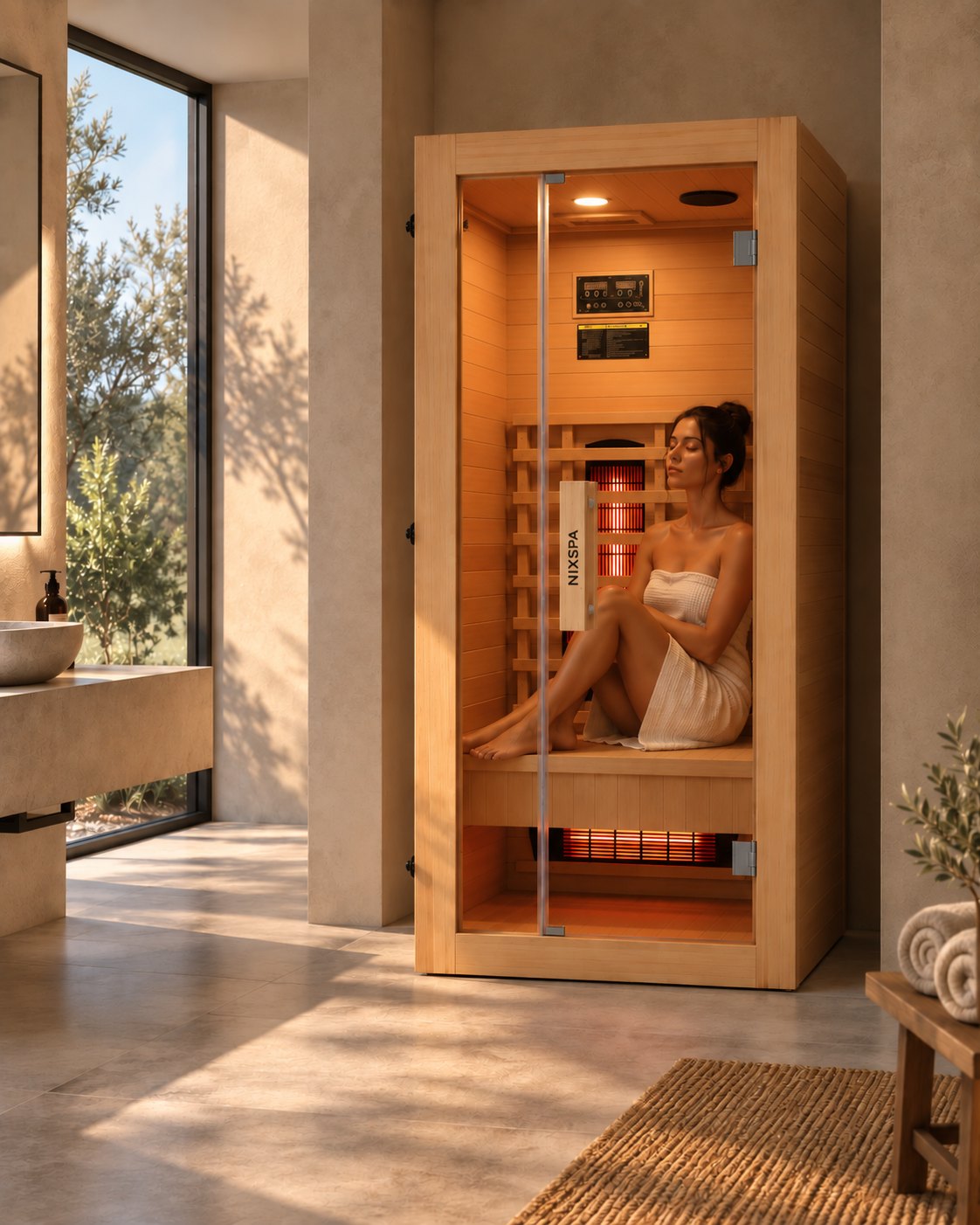Una mujer en una toalla se relaja dentro de una sauna de infrarrojos en un baño luminoso.