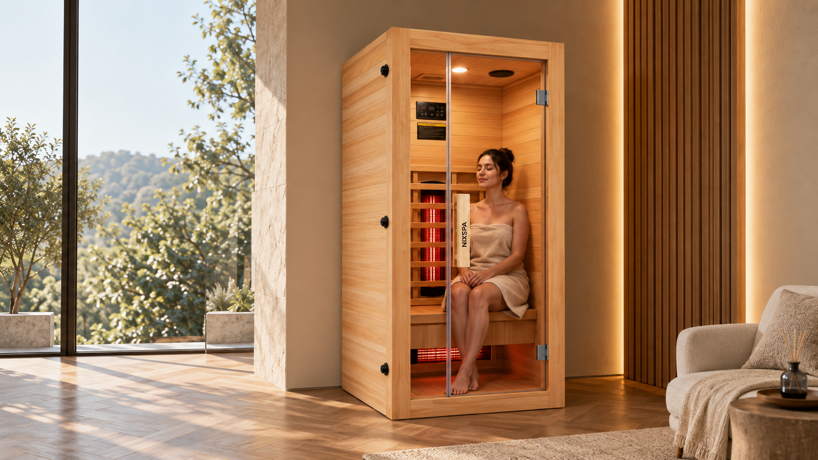Una mujer se relaja dentro de una pequeña sauna de madera en una habitación moderna.