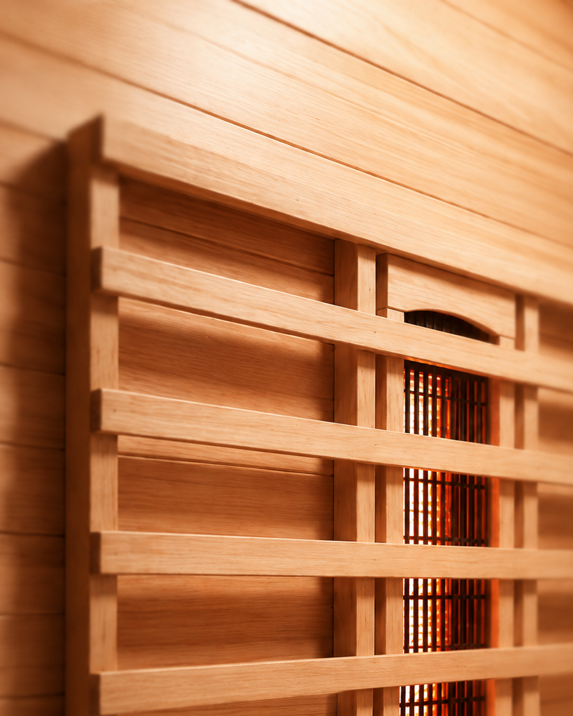 Paneles de listones de madera en una pared con un calefactor infrarrojo brillante detrás.