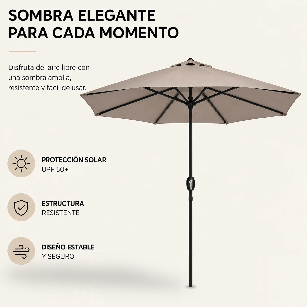 Sombrilla de patio beige con estructura negra y texto en español a la izquierda.
