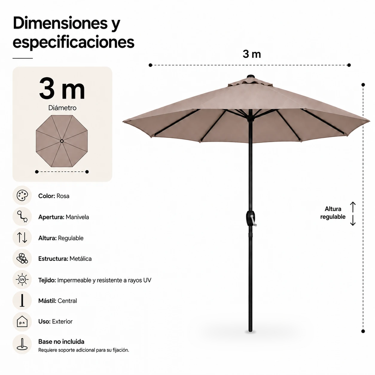 Dibujo técnico y dimensiones de una sombrilla de exterior beige de 3 metros con mástil de metal negro.