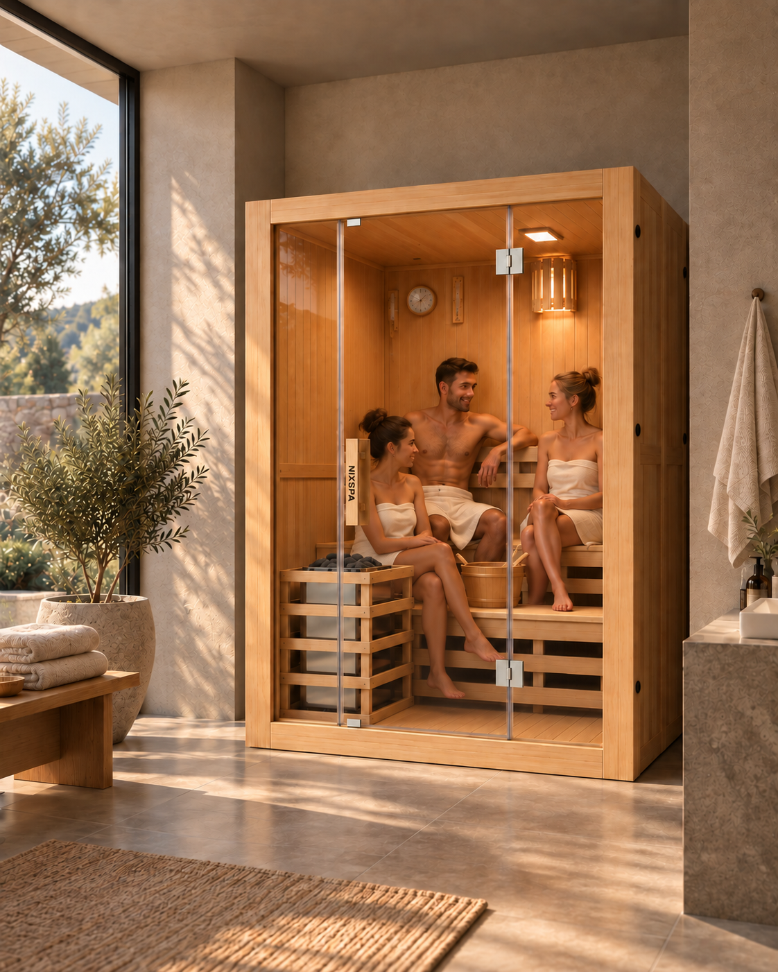 Tres personas se relajan en una moderna sauna de madera con una gran ventana al fondo.