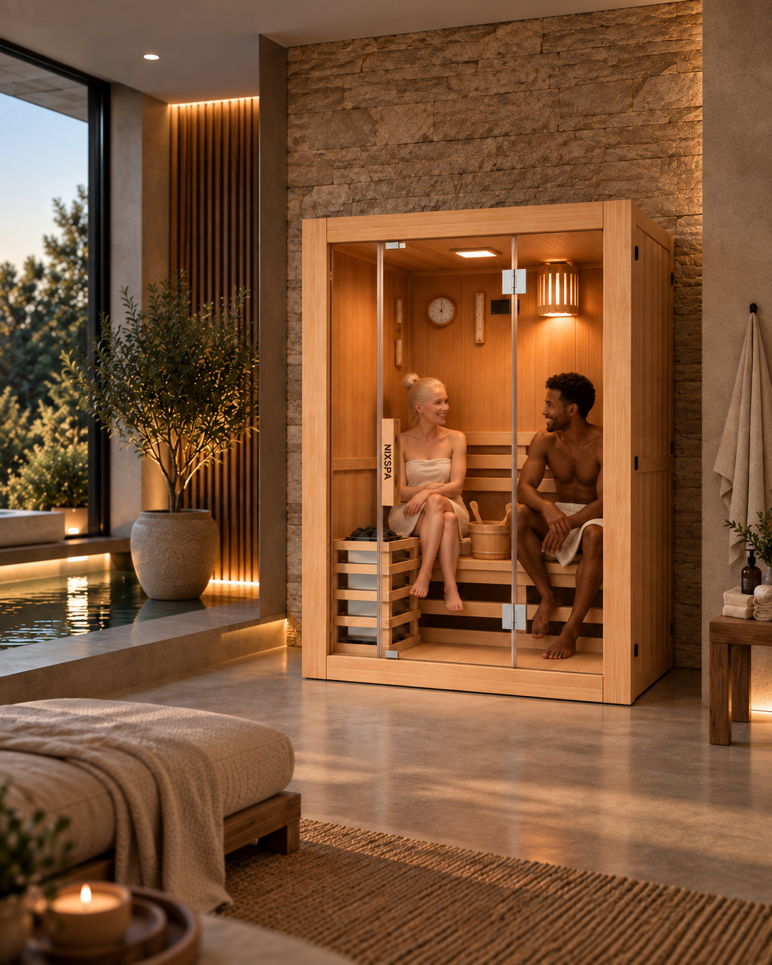 Una pareja se relaja dentro de una sauna de madera en un spa moderno.
