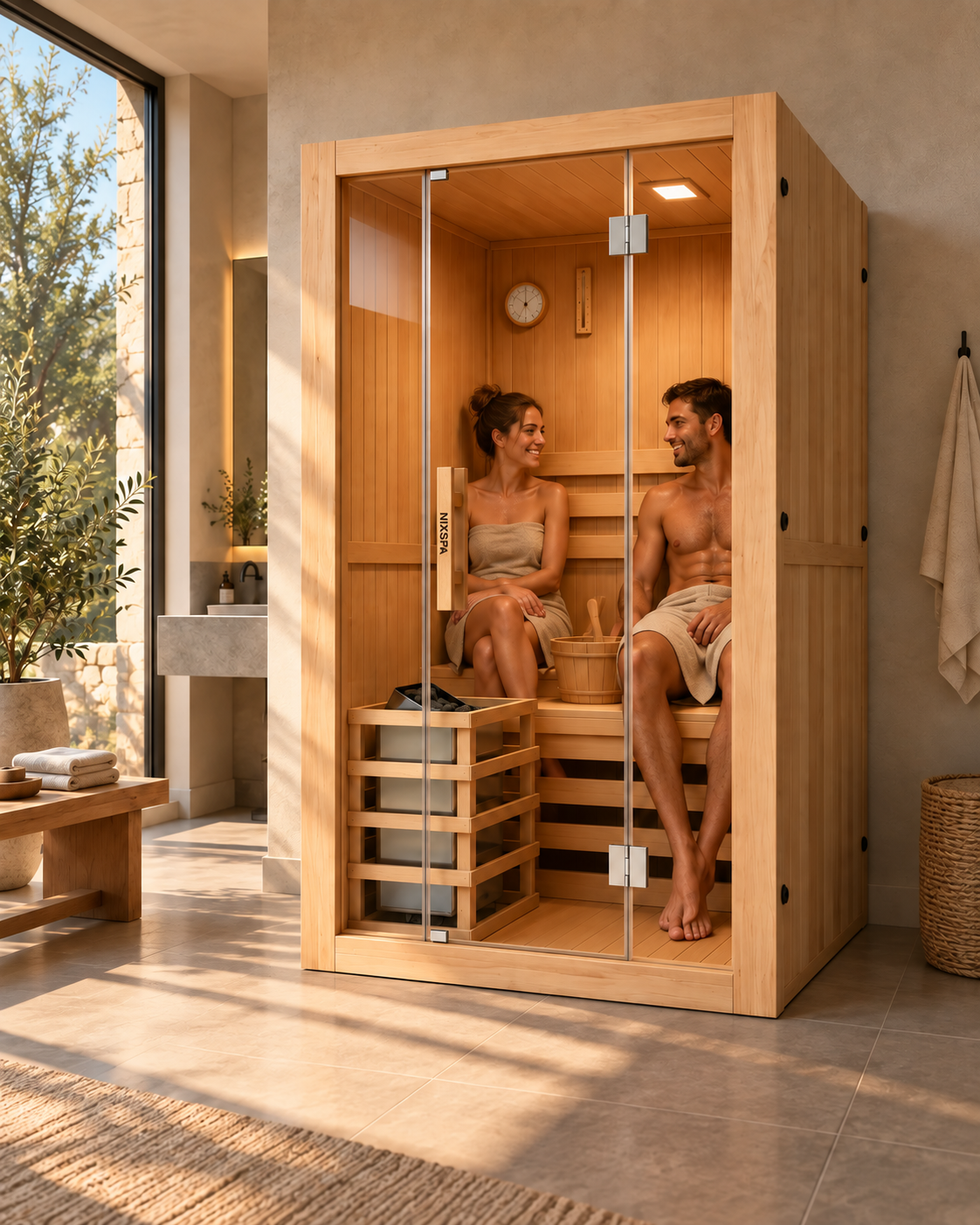 Un hombre y una mujer envueltos en toallas se sientan sonrientes dentro de una sauna de madera.