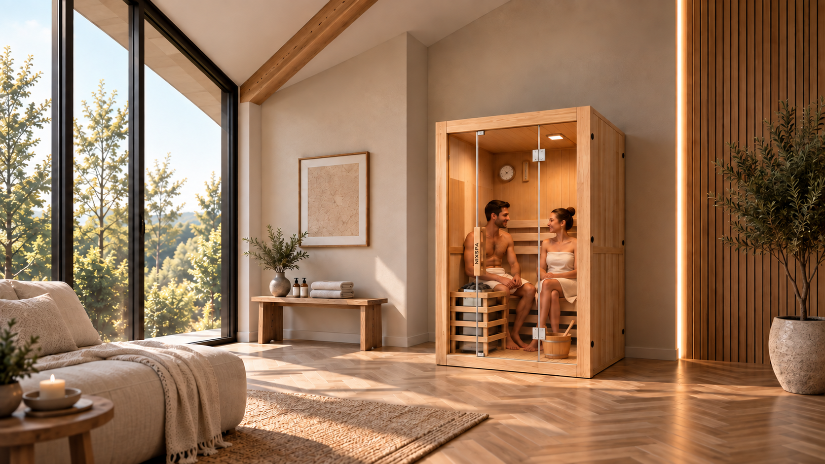 Un hombre y una mujer con toallas se sientan dentro de una sauna de madera en una habitación luminosa.