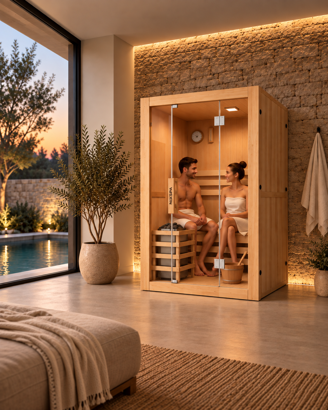 Una pareja se relaja en una sauna de madera moderna con vistas a una piscina.