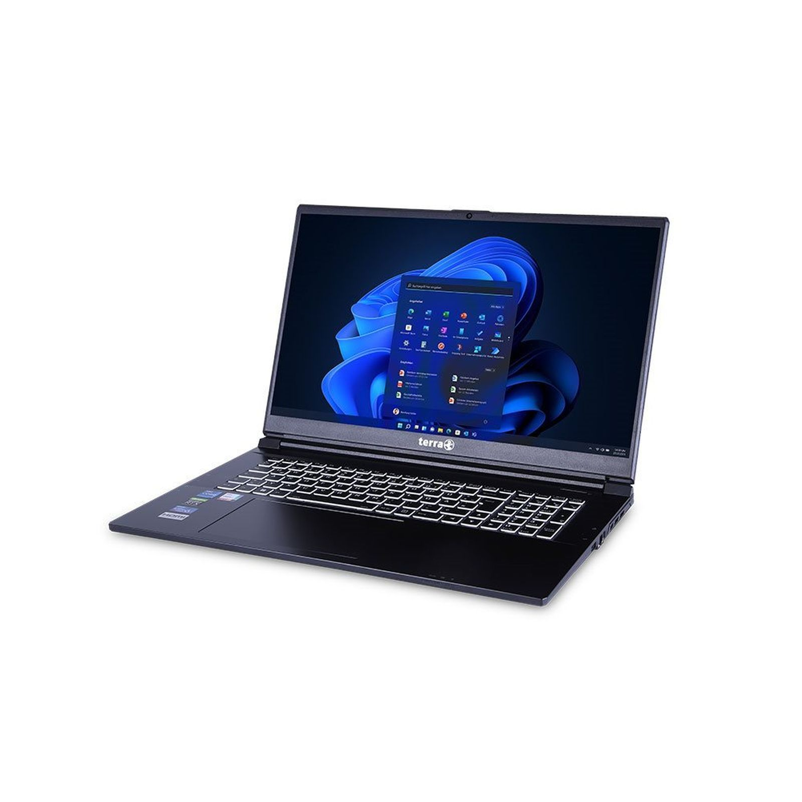 Ein schwarzer Terra Laptop mit geöffnetem Bildschirm und beleuchteter Tastatur zeigt die Windows-Oberfläche.