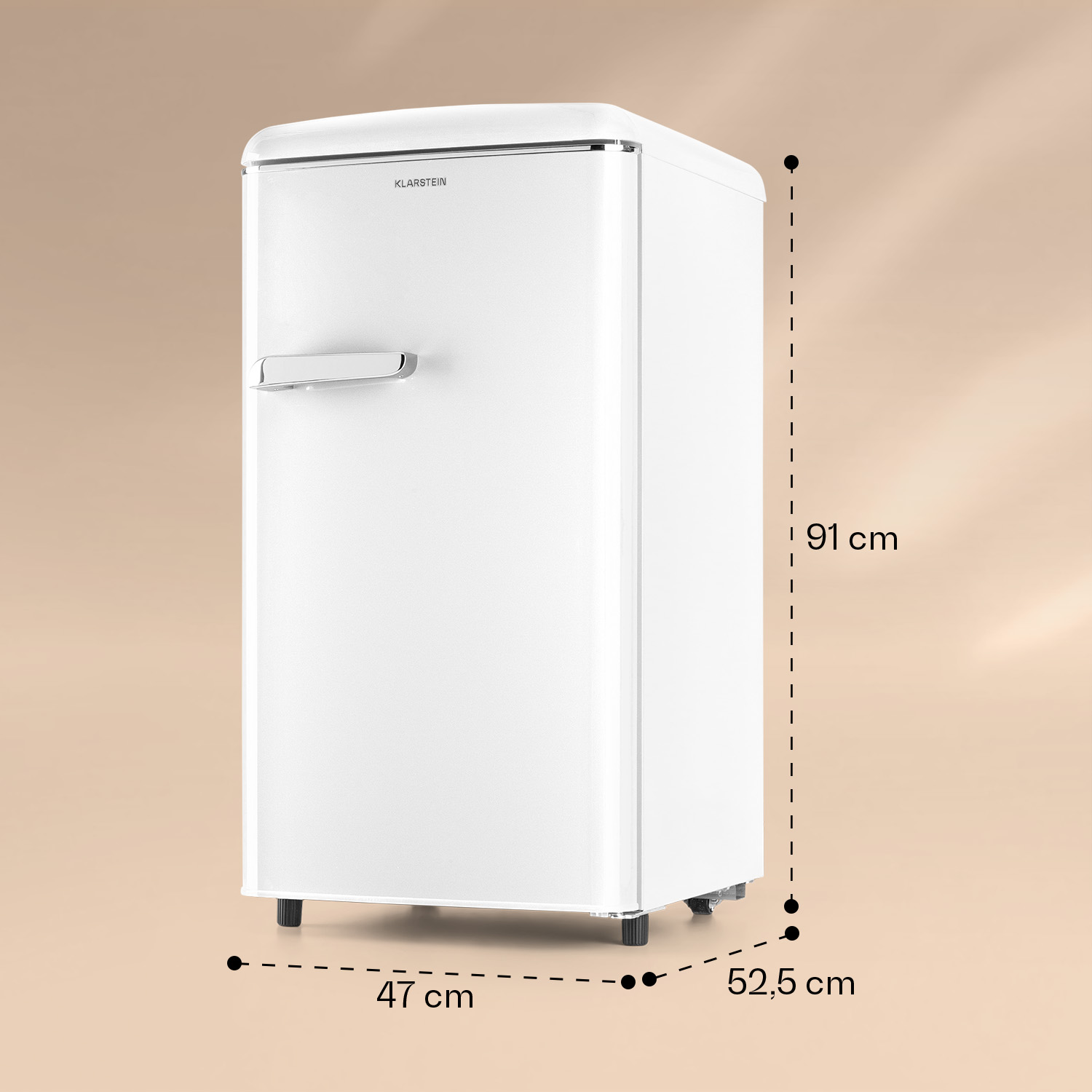 Refrigerador blanco compacto Klarstein con dimensiones de 91x47x52.5 cm sobre fondo beige.