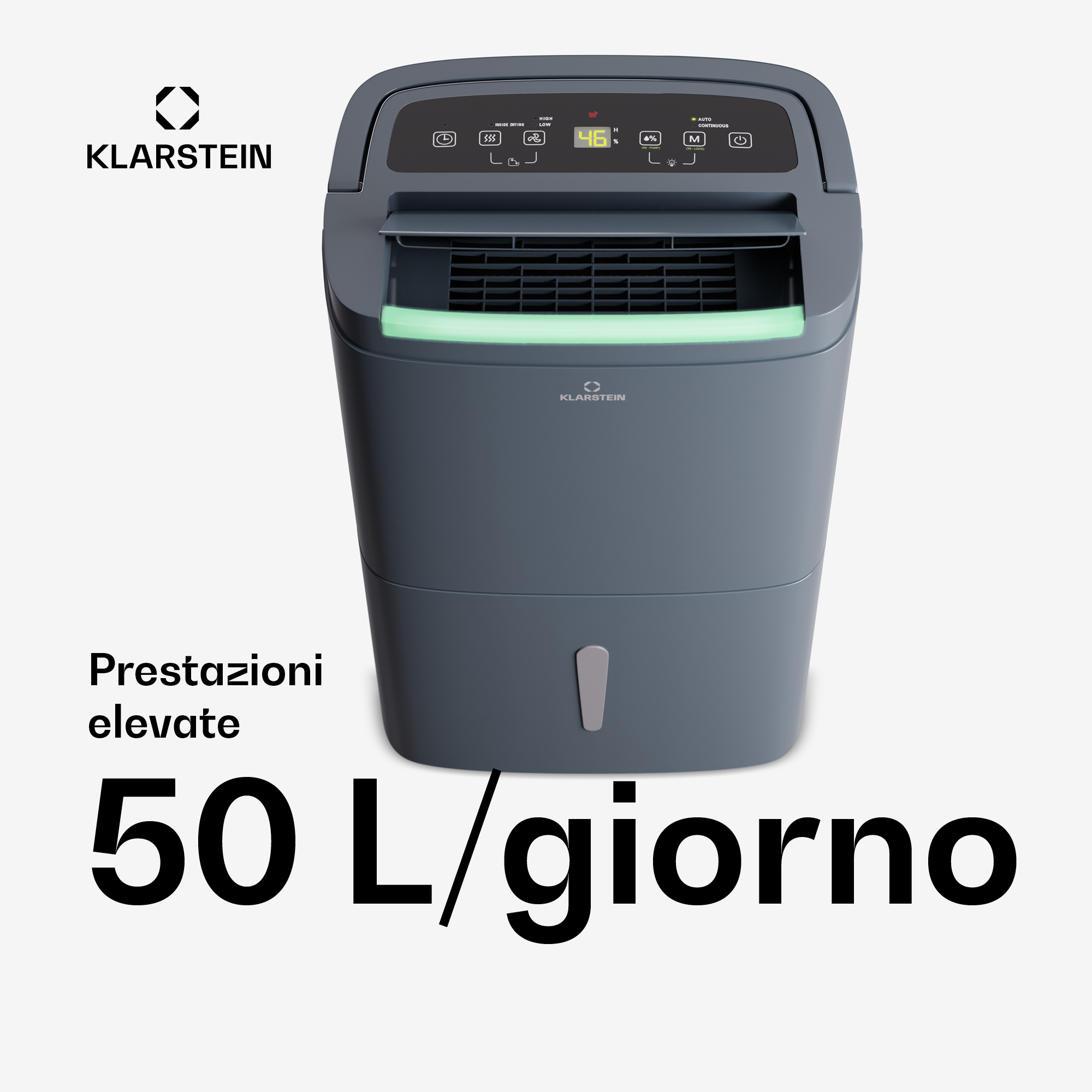 Ein grauer Klarstein Luftentfeuchter mit digitalem Display und grüner Kontrollleuchte vor weißem Hintergrund.