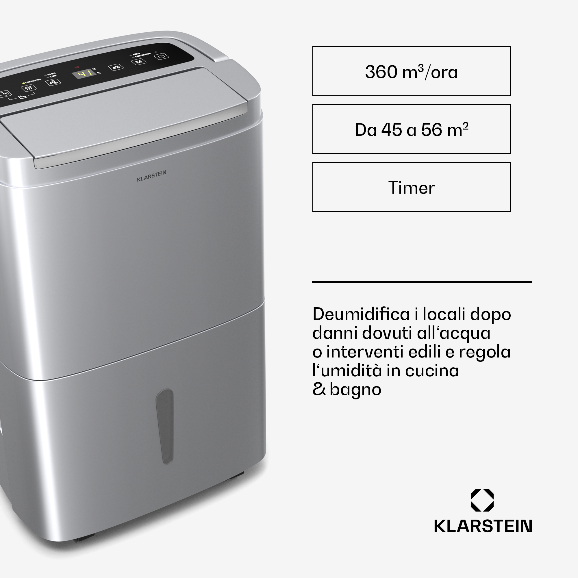 Ein silberner Klarstein-Luftentfeuchter mit Digitaldisplay, technischen Daten und italienischem Text auf weißem Grund.