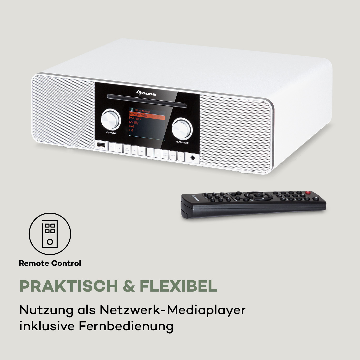 Ein weißes Auna Digitalradio mit Lautsprechern, Display, Reglern und einer schwarzen Fernbedienung.