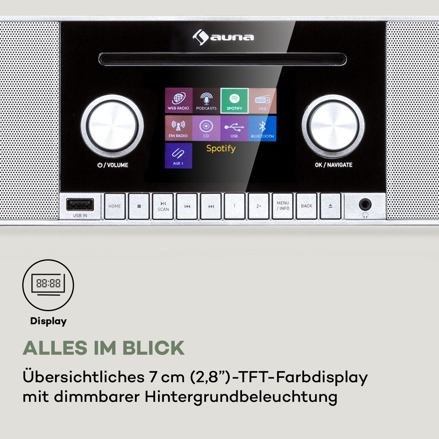Auna-Radiobedienfeld mit Farbdisplay, zwei Drehknöpfen und Tasten.