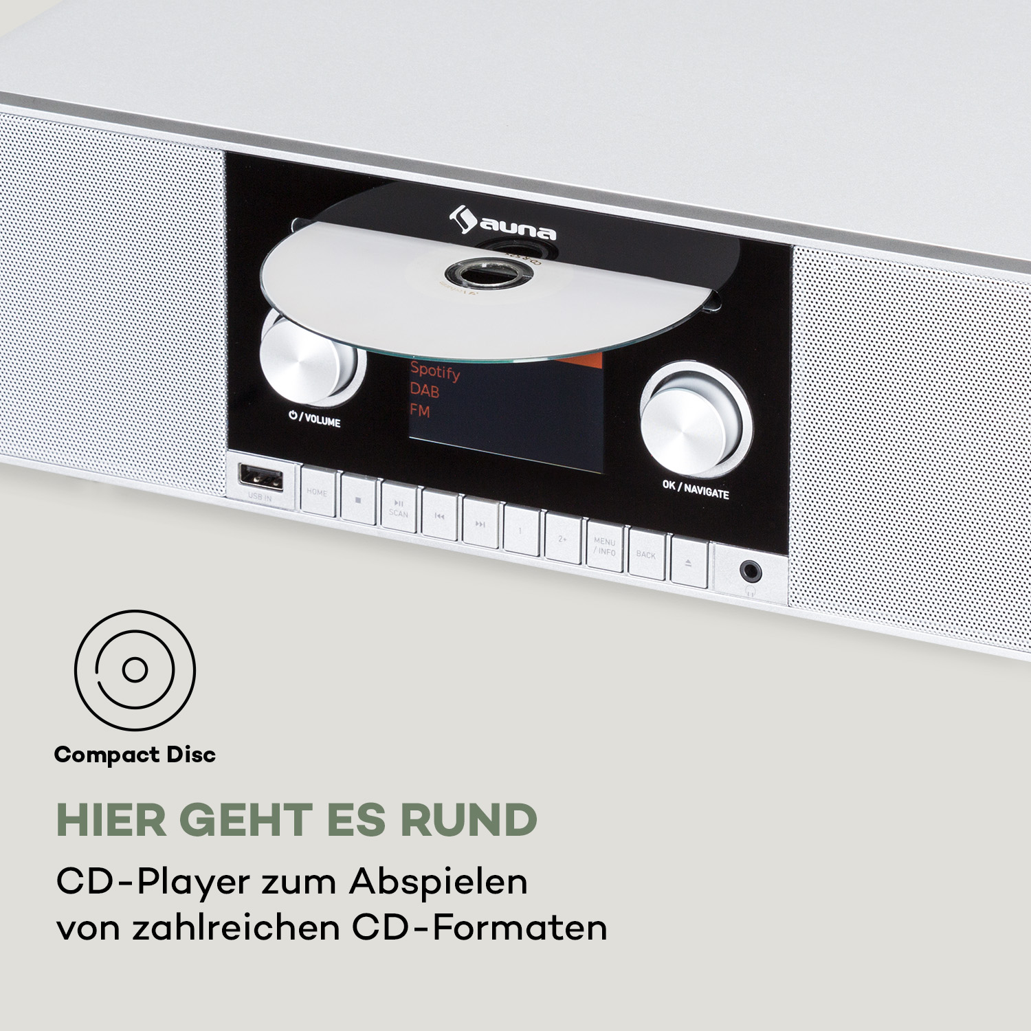 Silberner Auna CD-Player mit eingelegter CD, Knöpfen und Display auf weißem Hintergrund mit Text.