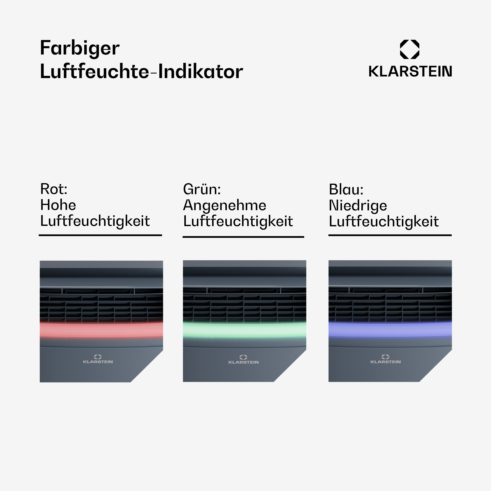 Klarstein Luftfeuchte-Indikator: Rot für hoch, Grün für angenehm und Blau für niedrige Luftfeuchtigkeit.