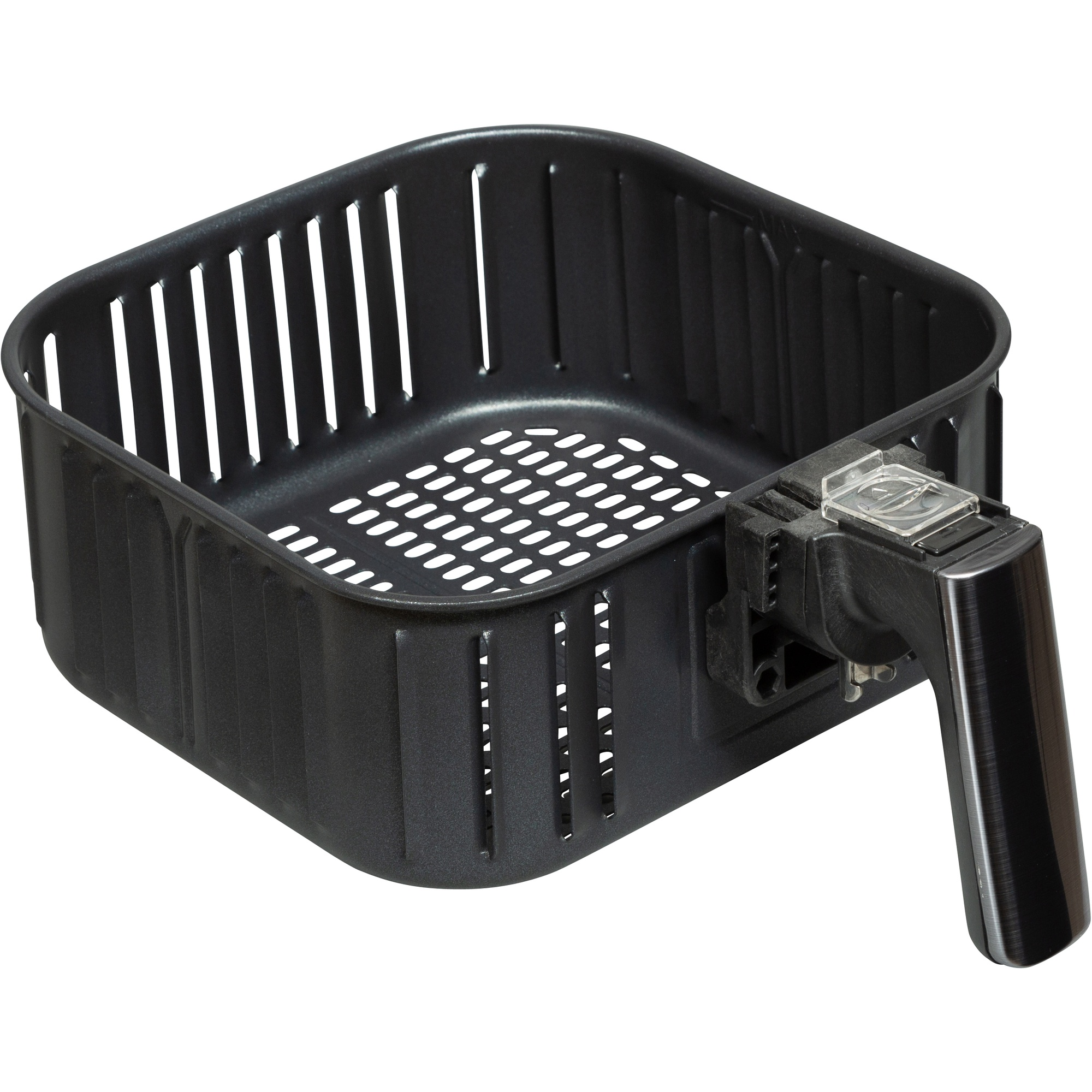 Cesta cuadrada negra para freidora de aire con lados ventilados y mango sobre fondo blanco.