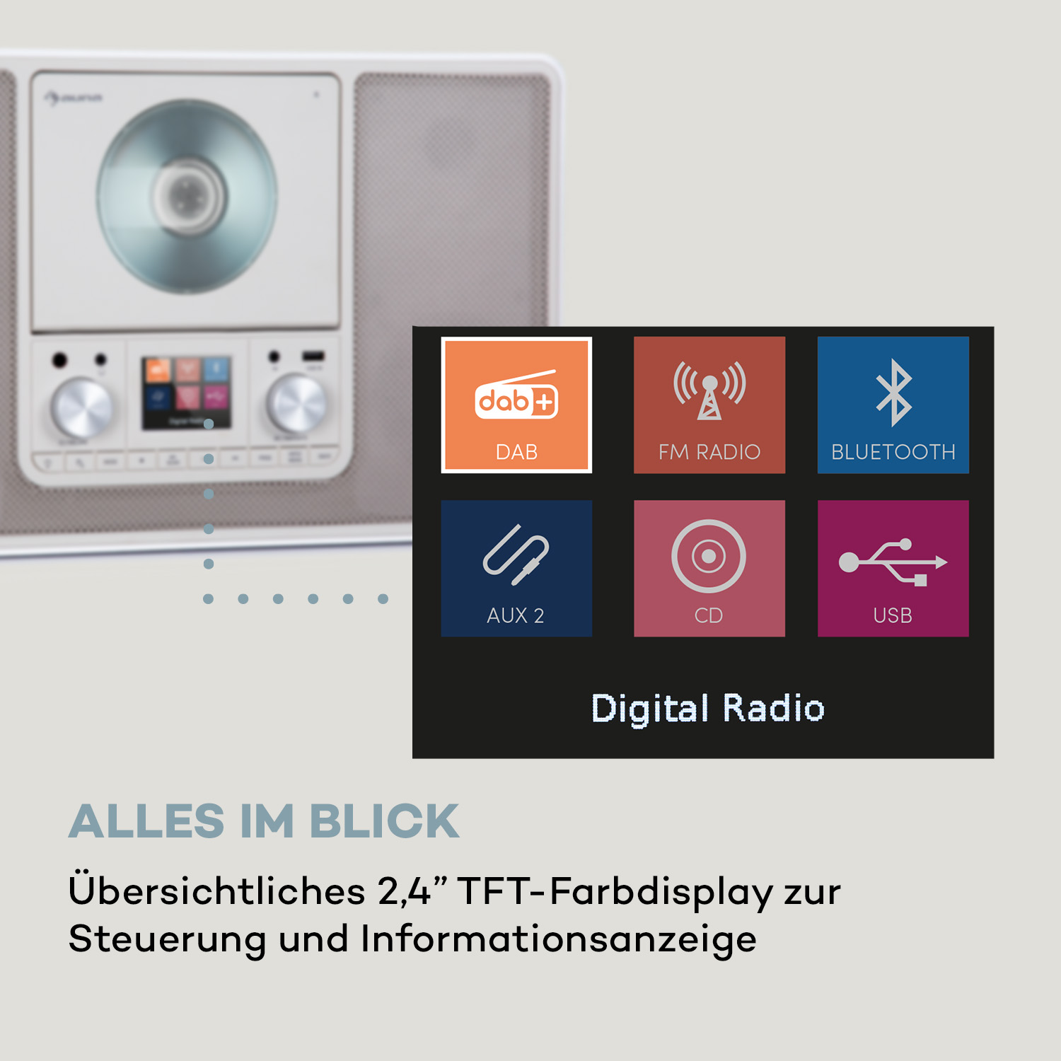 Digitales Radio mit Farbdisplay und verschiedenen Funktionssymbolen wie DAB, FM, Bluetooth, AUX, CD und USB.