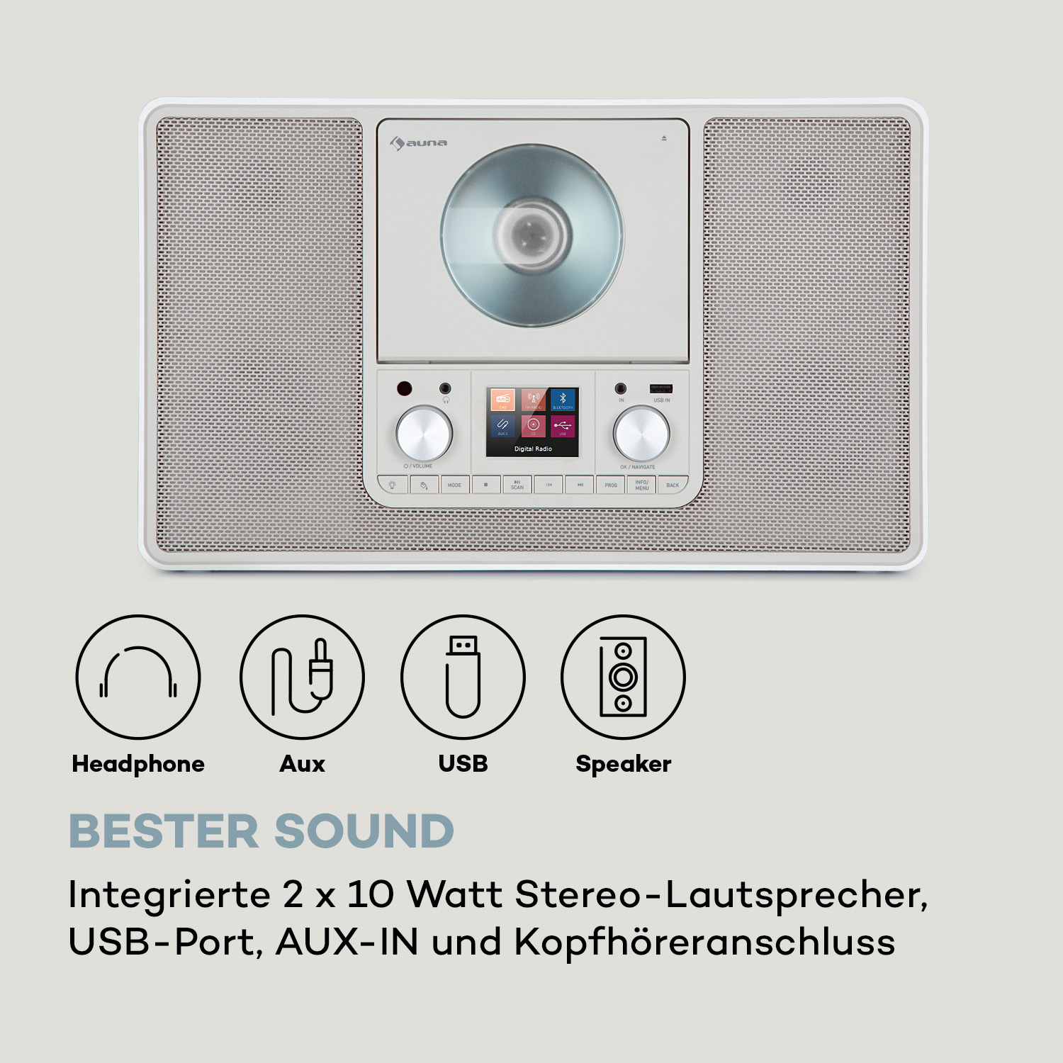 Auna Digitalradio mit CD-Player, Lautsprechern, USB- und Aux-Anschlüssen sowie Kopfhörerausgang.
