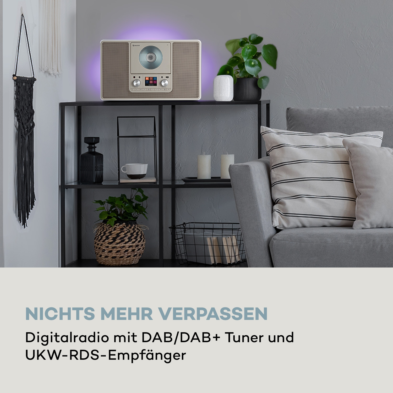 Ein Digitalradio mit DAB+ und UKW steht auf einem Regal neben einem Sofa, mit Pflanzen und Dekoration.