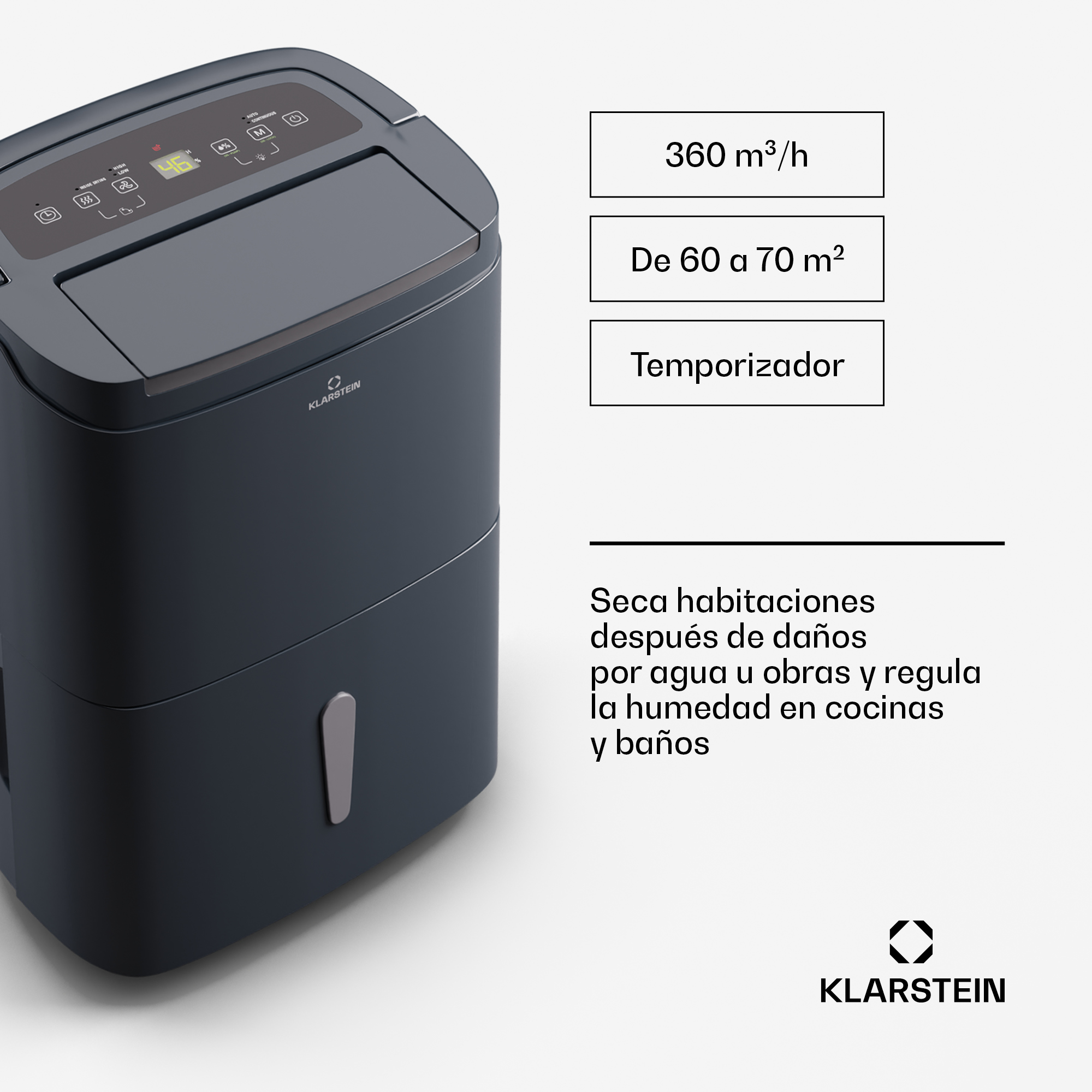 Dunkelgrauer Klarstein-Luftentfeuchter auf weißem Hintergrund mit Funktionsbeschreibung und technischen Daten.