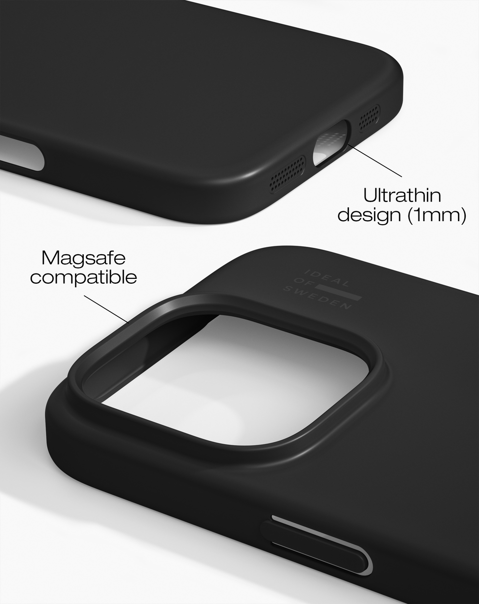 Schwarze Magsafe-kompatible Handyhülle mit ultradünnem Design, Ausschnitten und Branding.