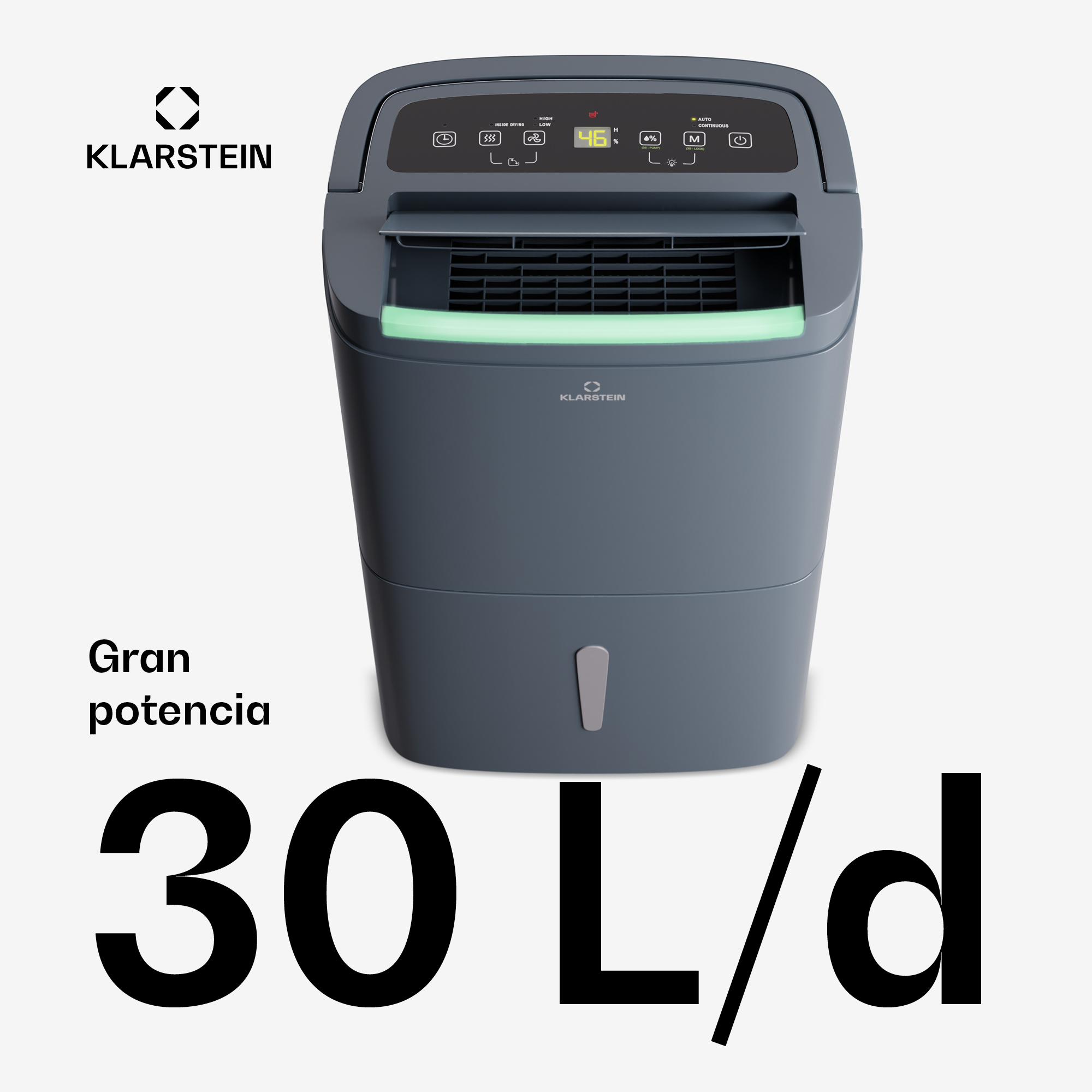 Grauer Klarstein Luftentfeuchter mit digitalem Display und der Aufschrift 30 L/d unten.