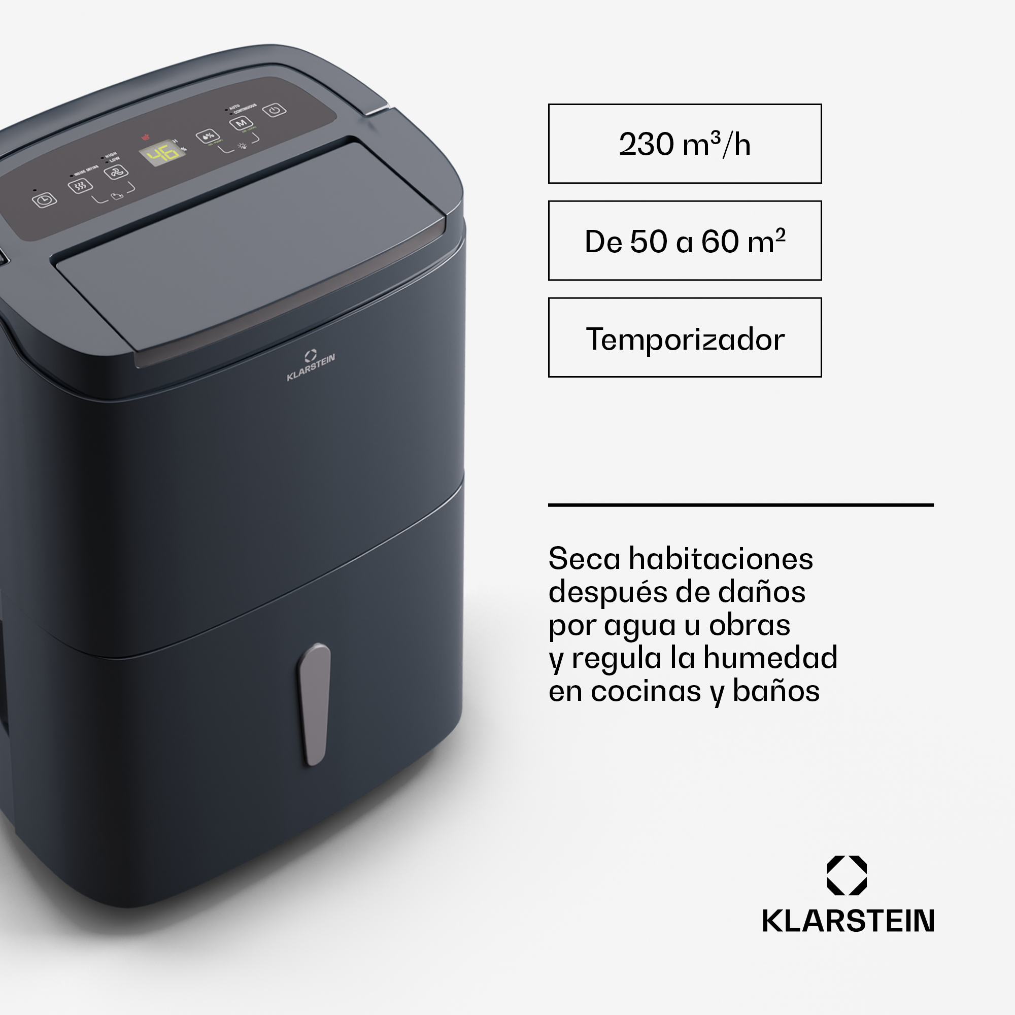 Ein dunkelgrauer Klarstein Luftentfeuchter mit Digitaldisplay, technischen Daten und Text auf weißem Hintergrund.